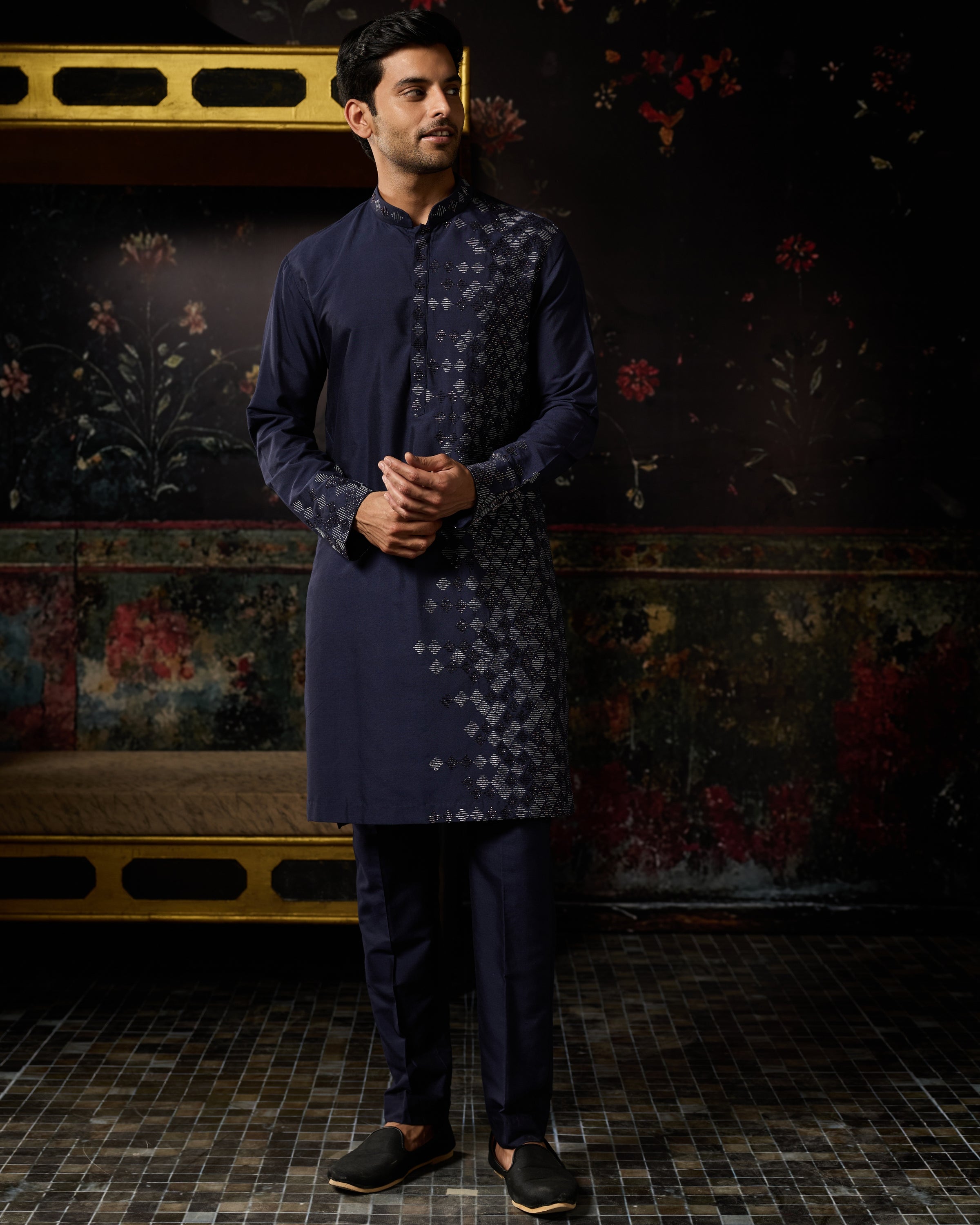 Dark Blue Embroidered Kurta & Pants Set