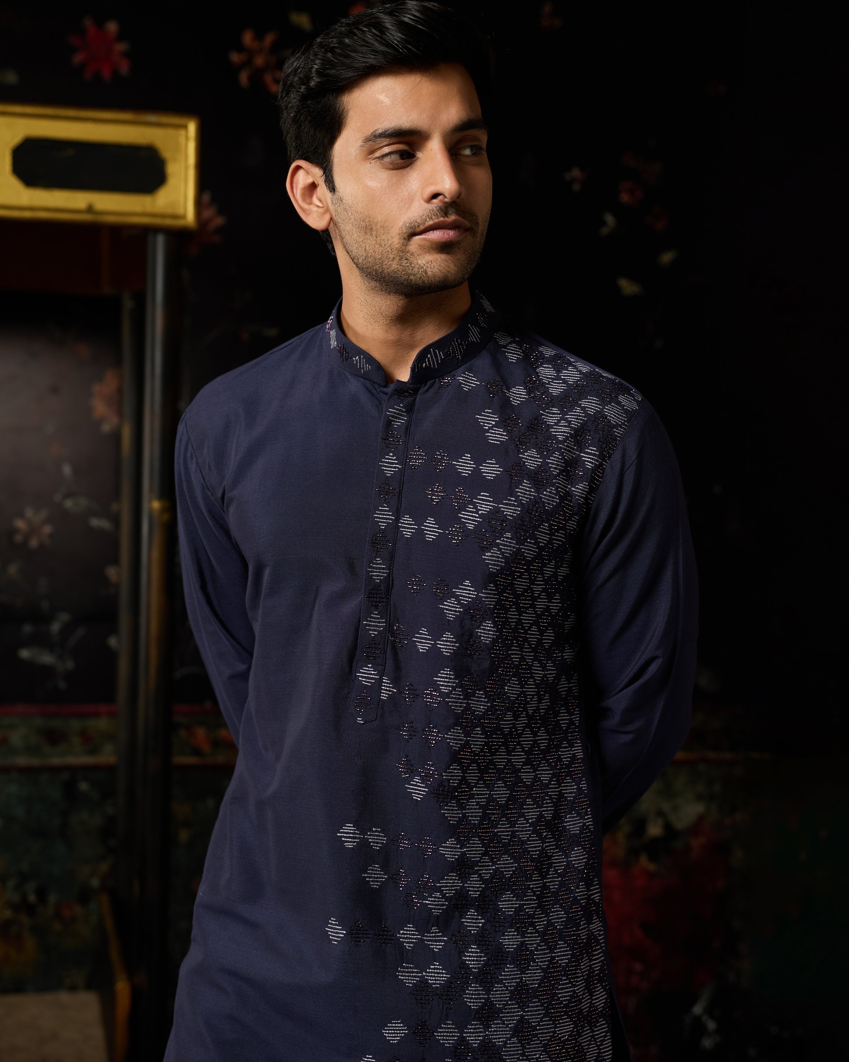 Dark Blue Embroidered Kurta & Pants Set
