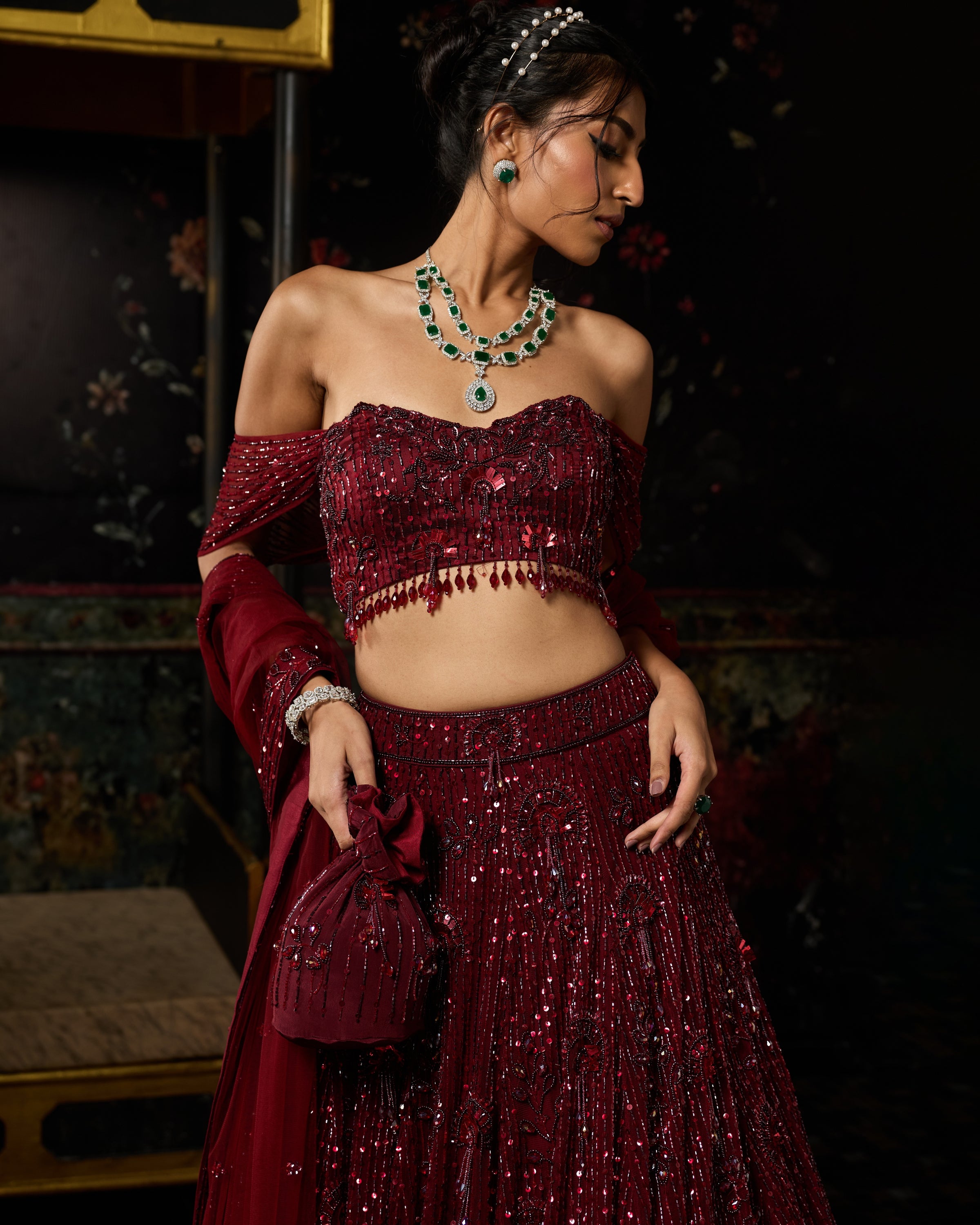 Maroon Embellished 3D Floral Lehenga Set
