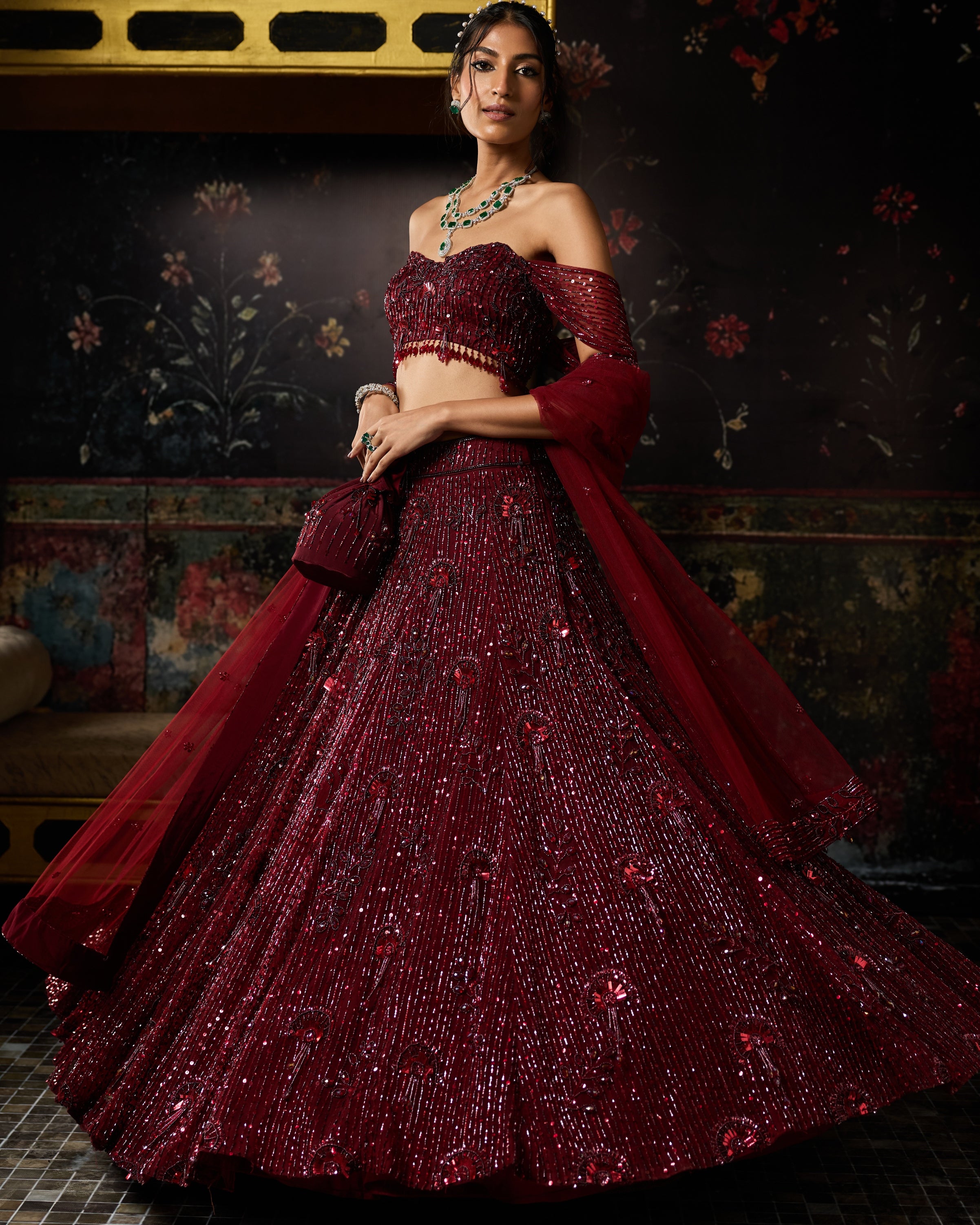 Maroon Embellished 3D Floral Lehenga Set