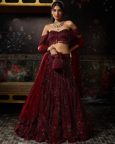 Maroon Embellished 3D Floral Lehenga Set