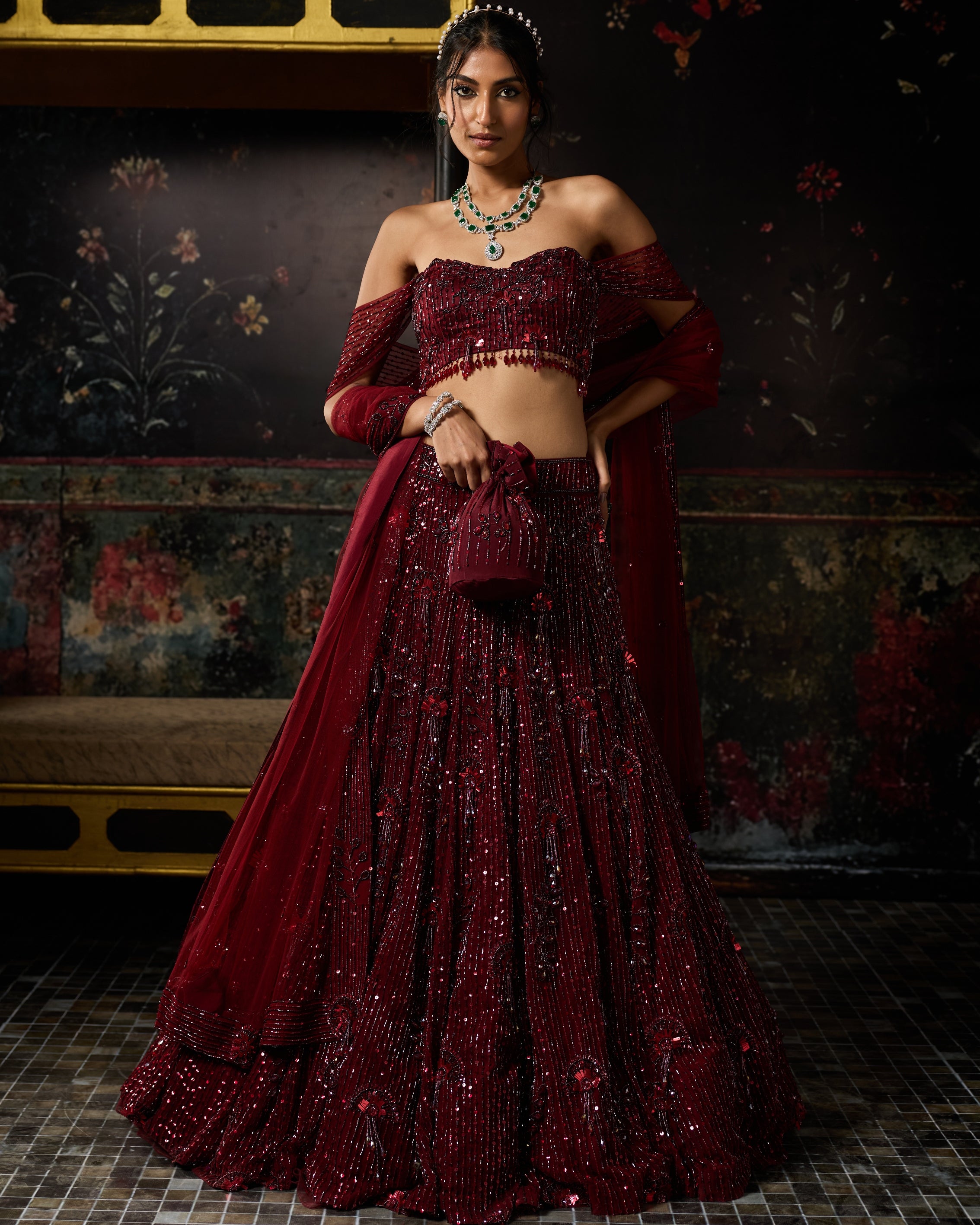 Maroon Embellished 3D Floral Lehenga Set