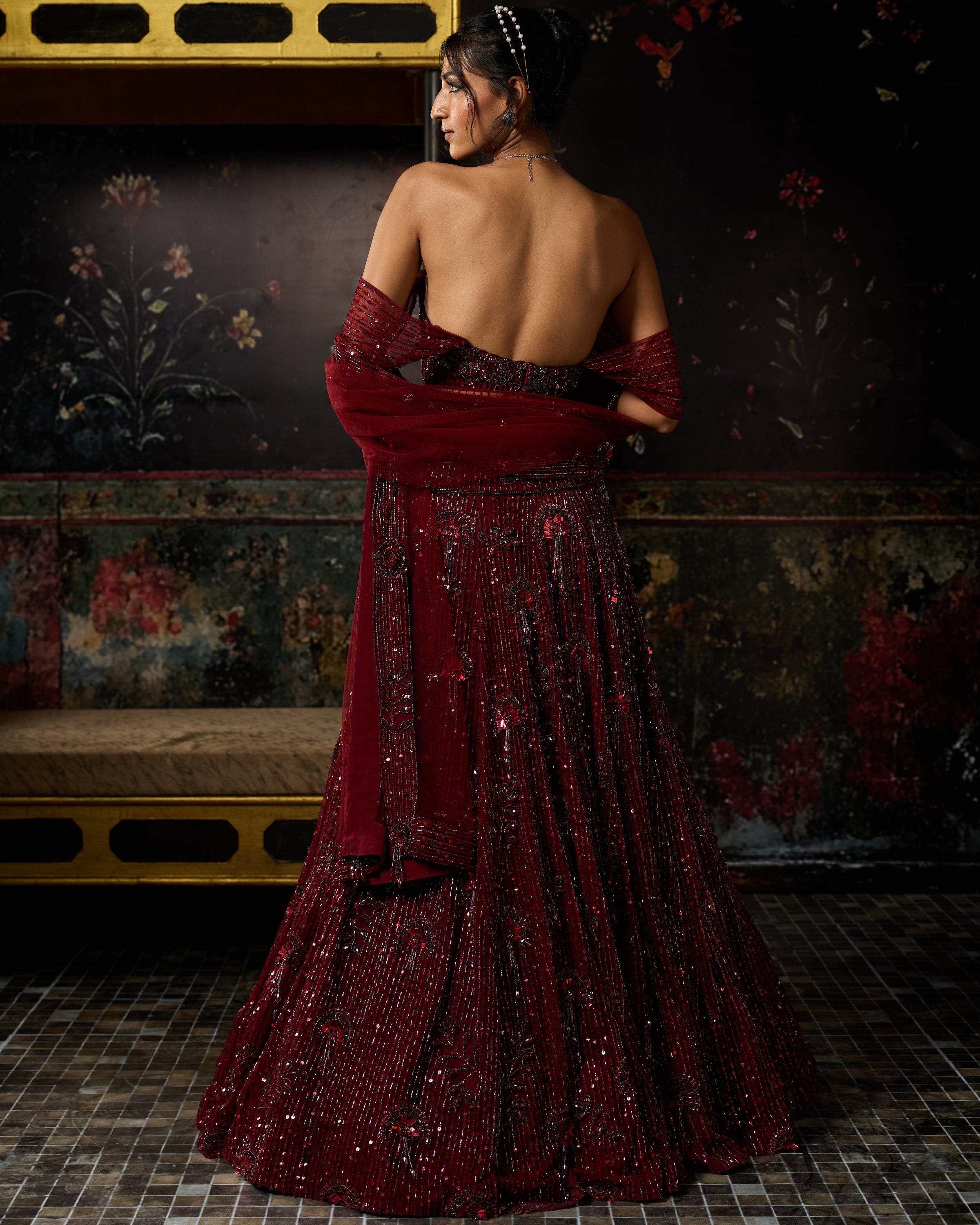 Maroon Embellished 3D Floral Lehenga Set