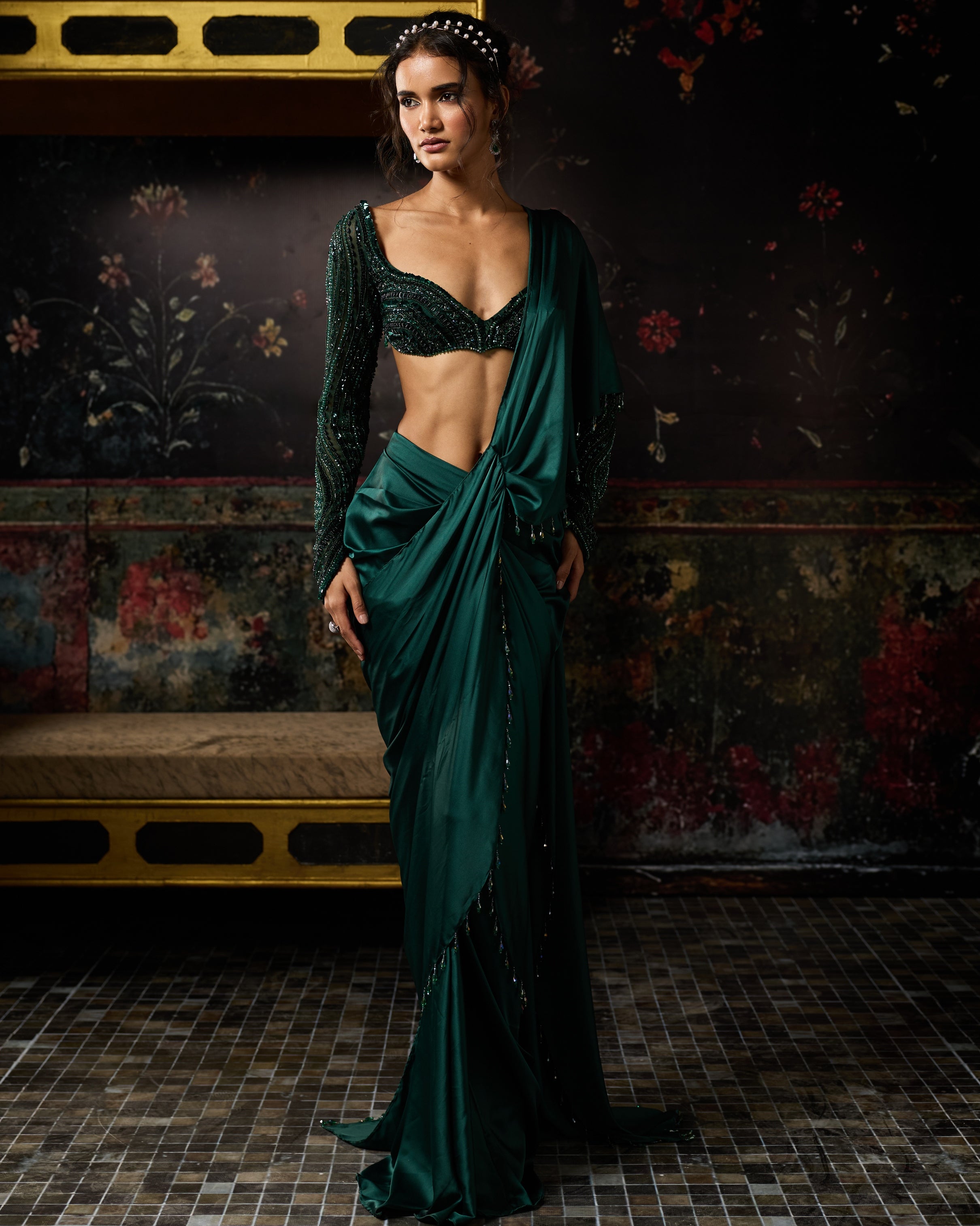 Emerald Green Embellished Dhoti Skirt Sari Set