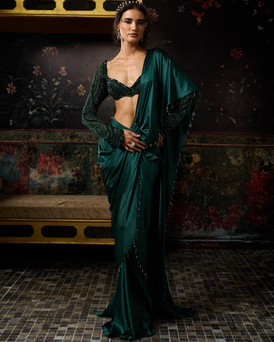 Emerald Green Embellished Dhoti Skirt Sari Set