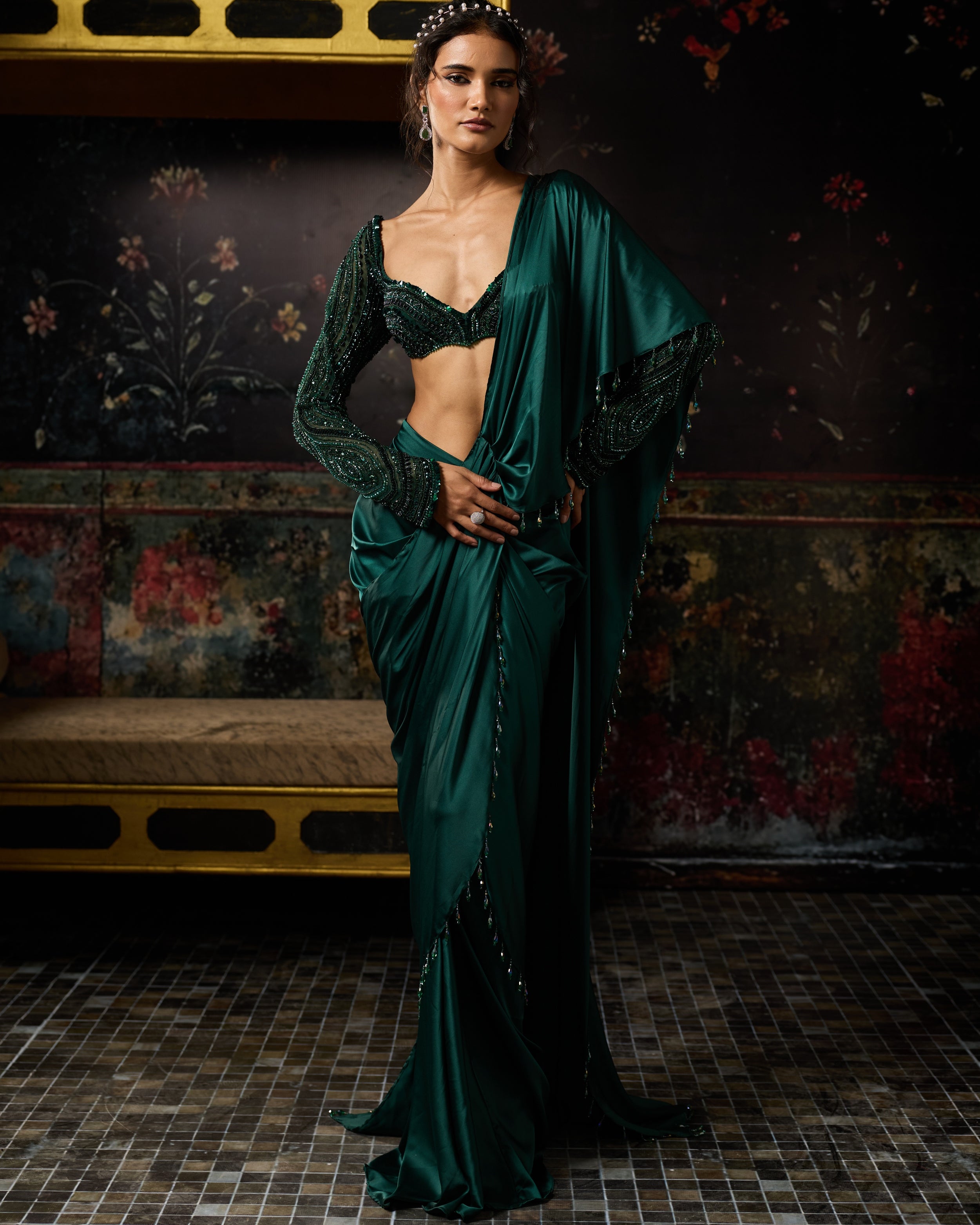 Emerald Green Embellished Dhoti Skirt Sari Set