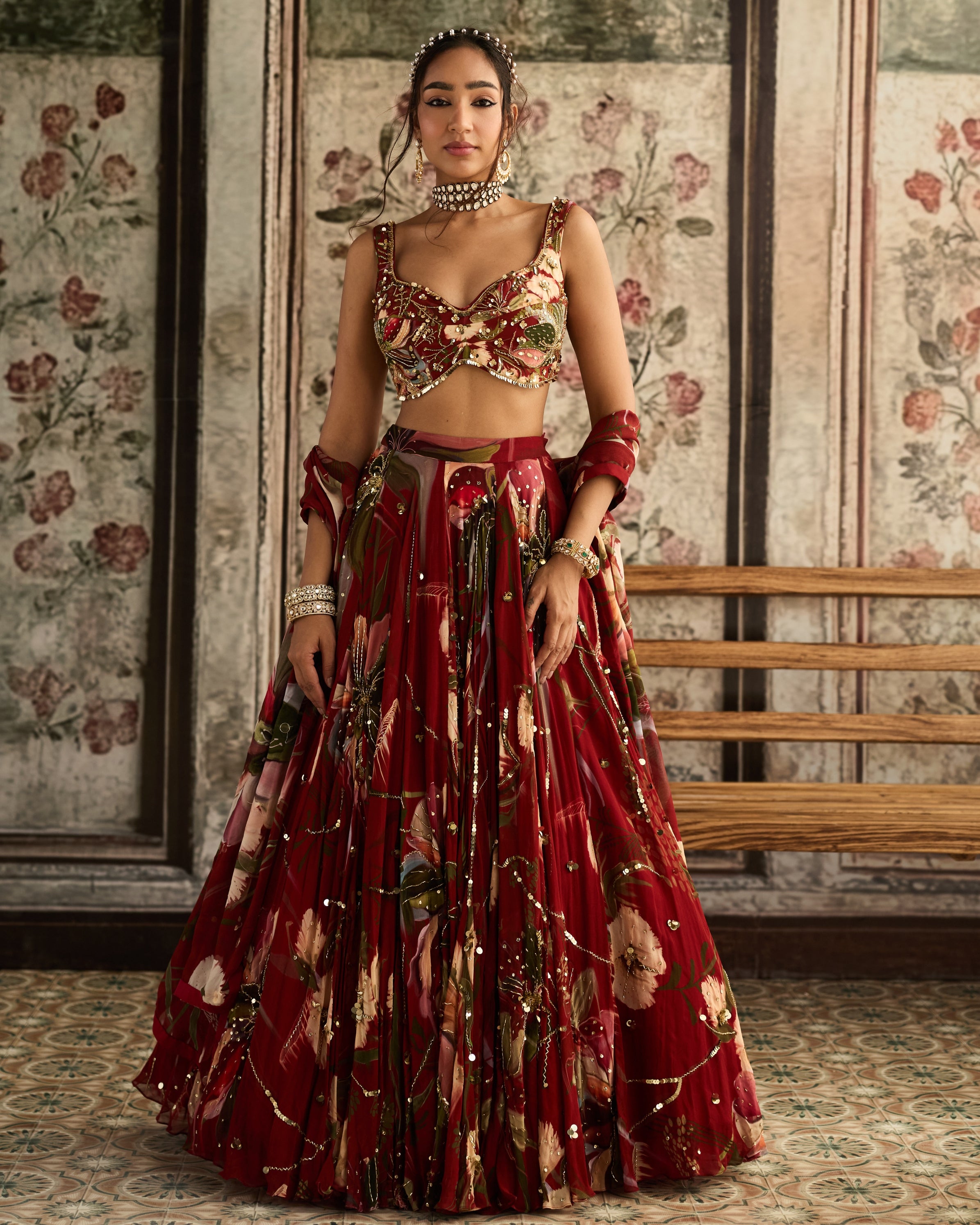 Red Floral Print And Highlighted Lehenga Set