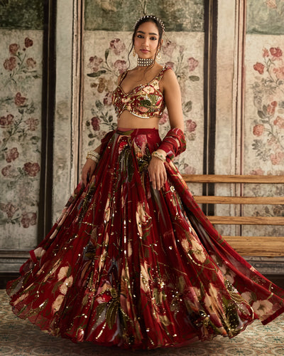 Red Floral Print And Highlighted Lehenga Set