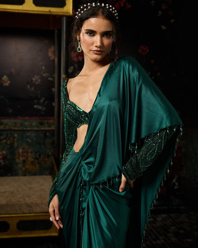 Emerald Green Embellished Dhoti Skirt Sari Set