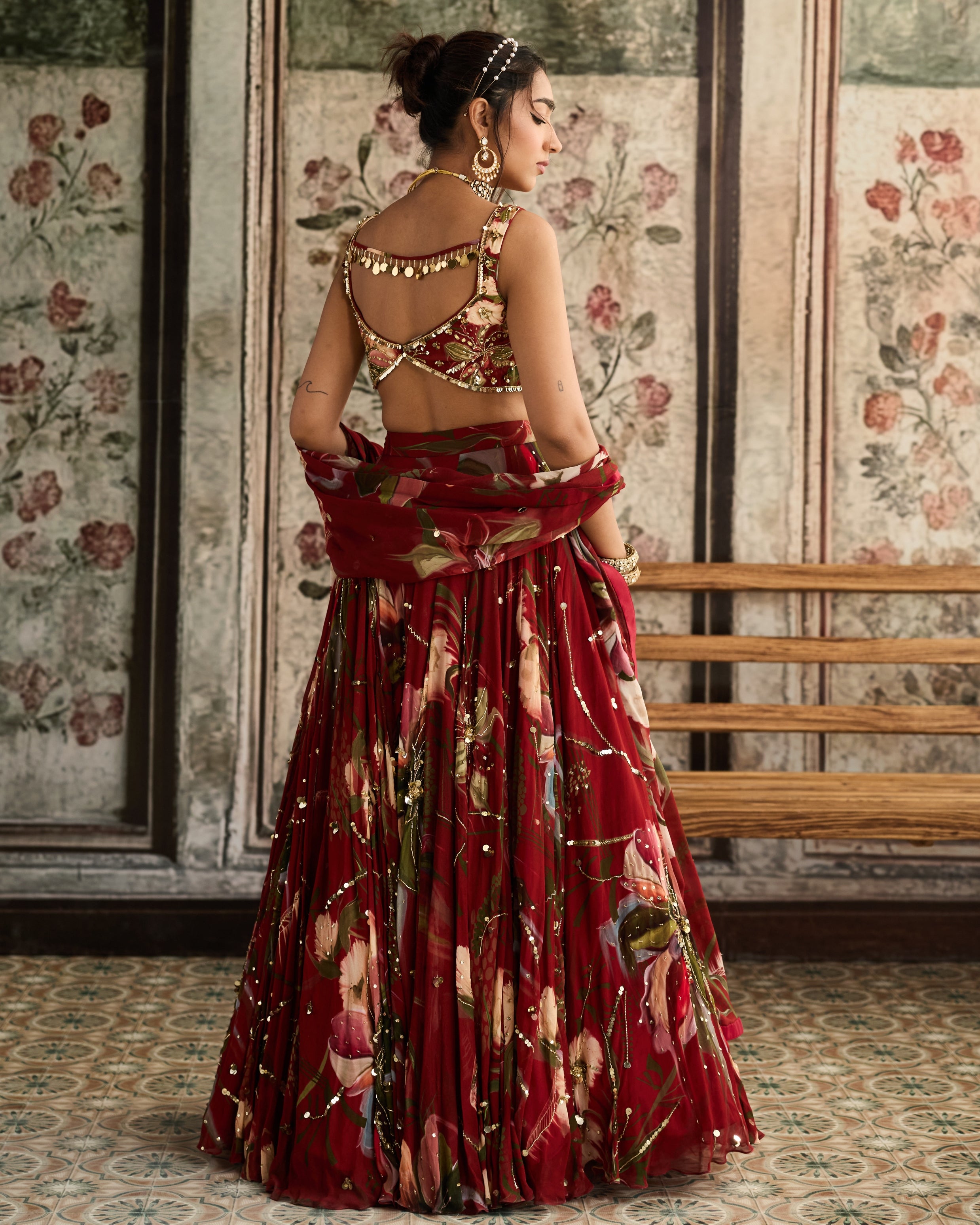 Red Floral Print And Highlighted Lehenga Set