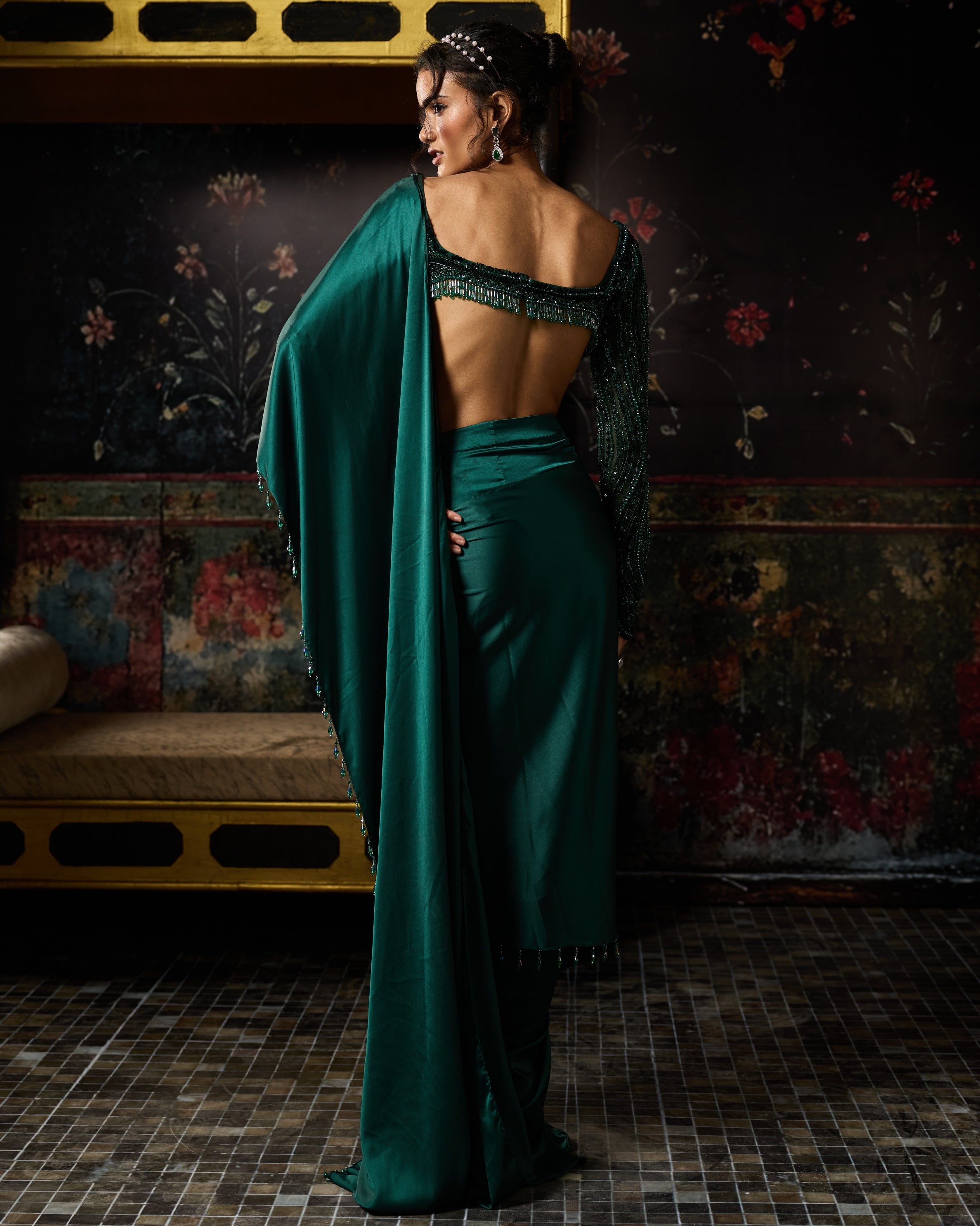 Emerald Green Embellished Dhoti Skirt Sari Set