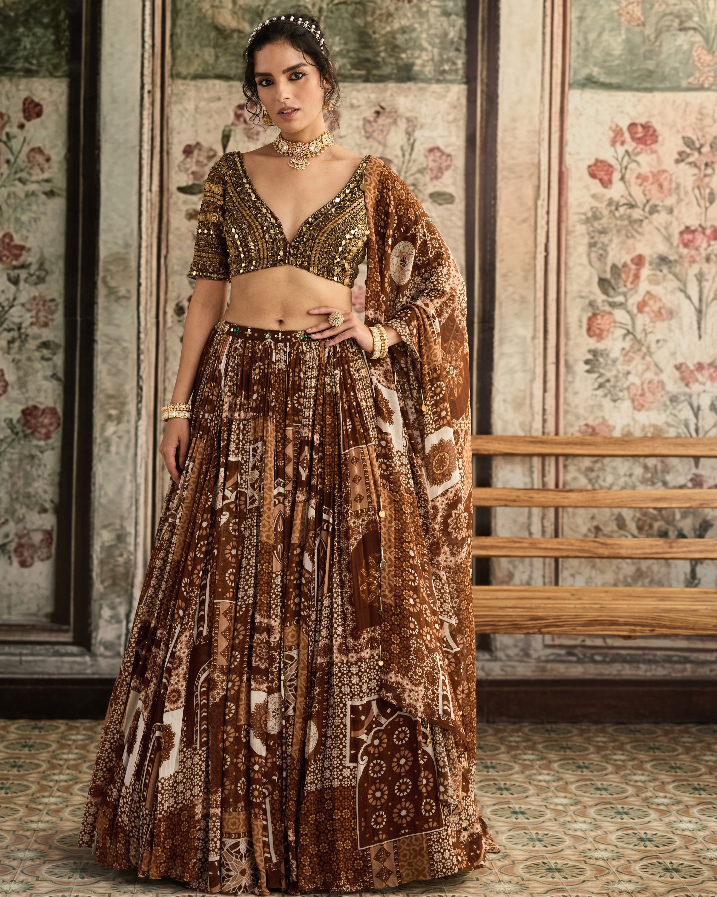 Caramel Metallic Printed Lehenga Set