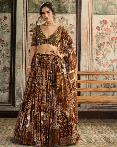 Caramel Metallic Printed Lehenga Set