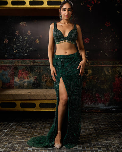 Emerald Green Embellished Trail Slit Skirt Set