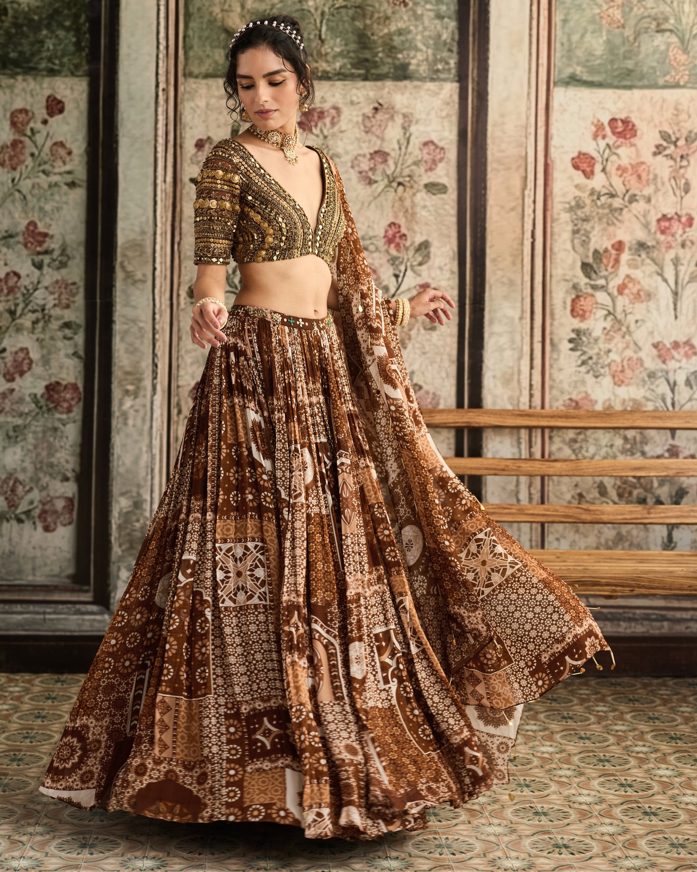 Caramel Metallic Printed Lehenga Set