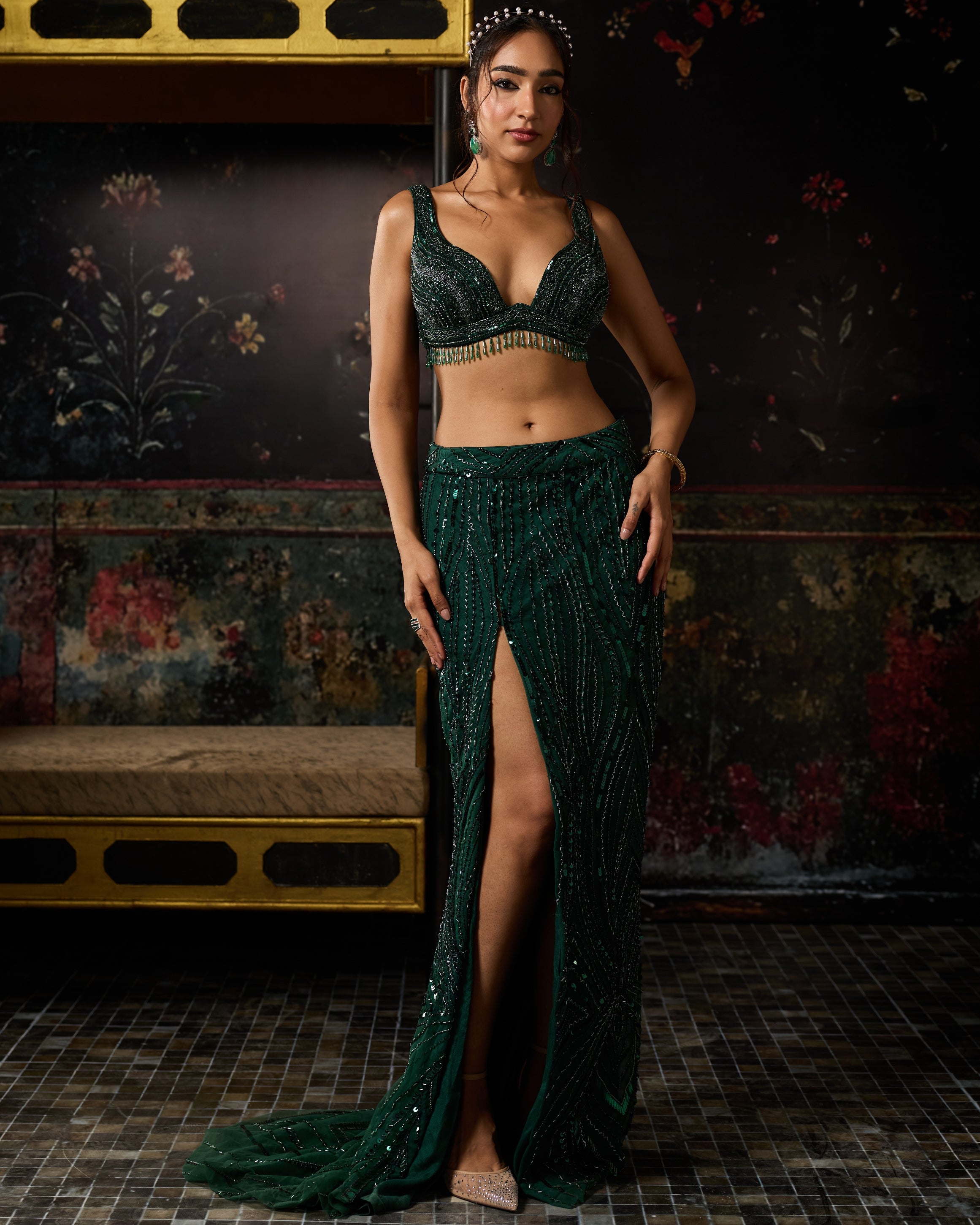 Emerald Green Embellished Trail Slit Skirt Set