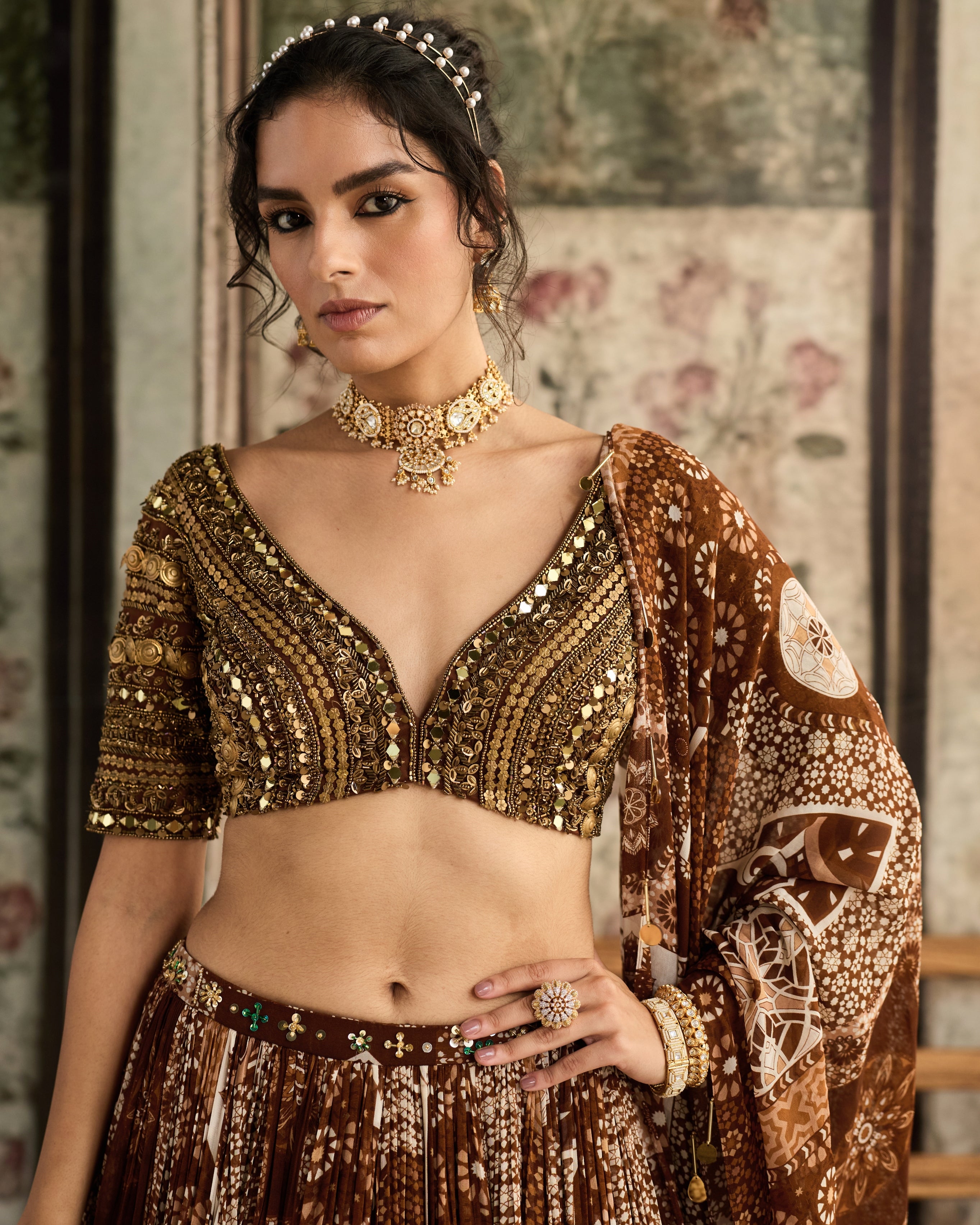 Caramel Metallic Printed Lehenga Set