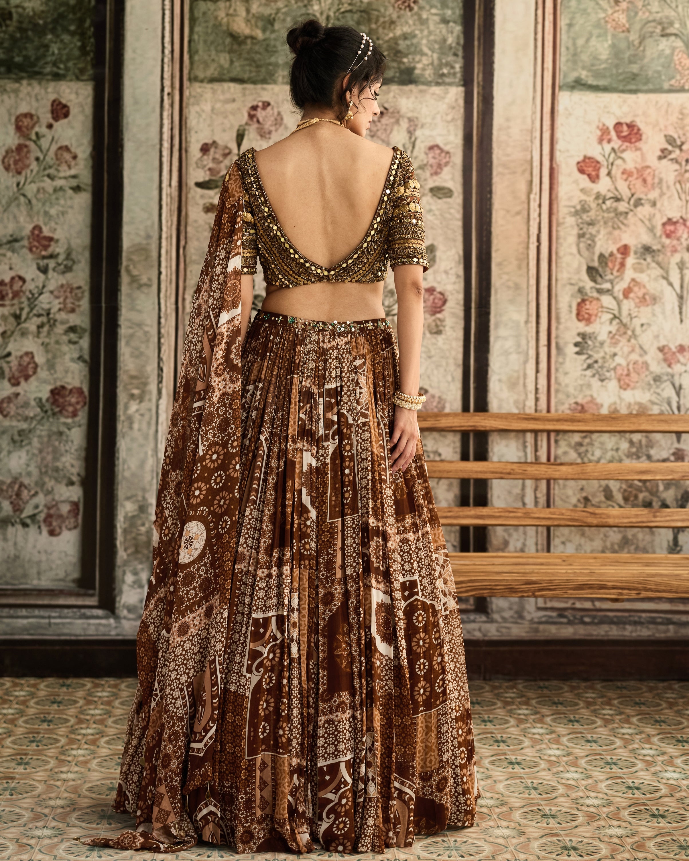 Caramel Metallic Printed Lehenga Set