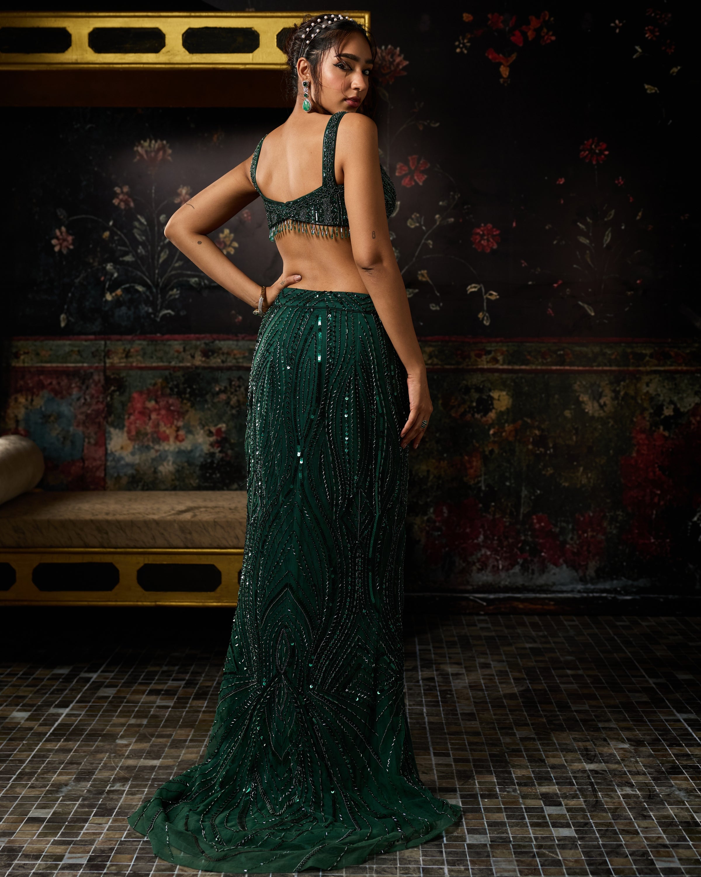 Emerald Green Embellished Trail Slit Skirt Set