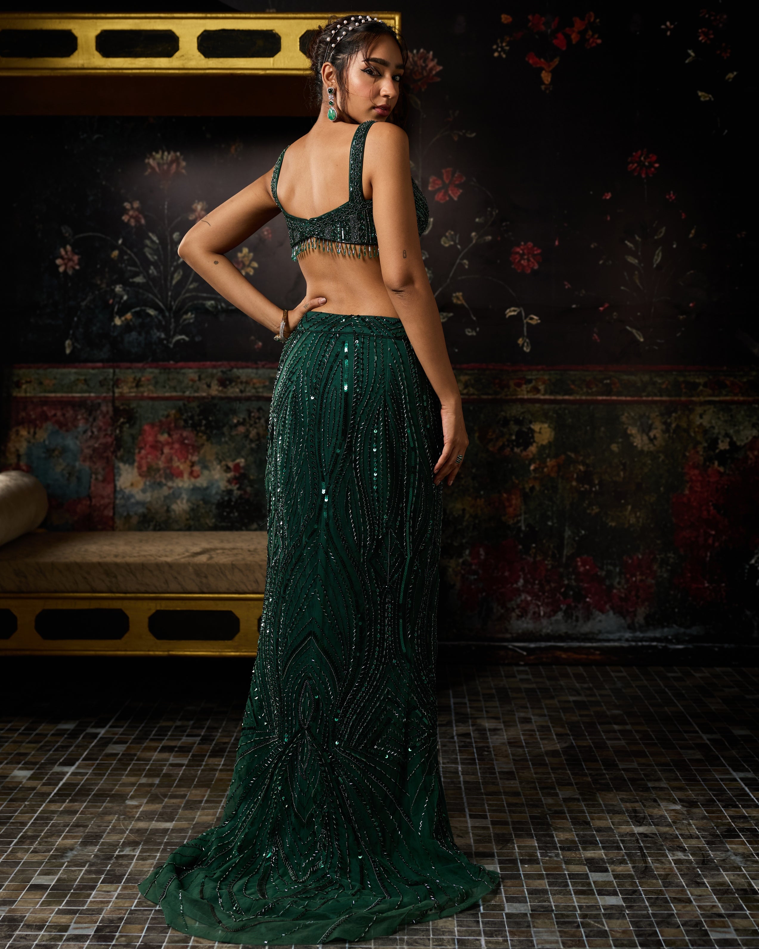 Emerald Green Embellished Trail Slit Skirt Set
