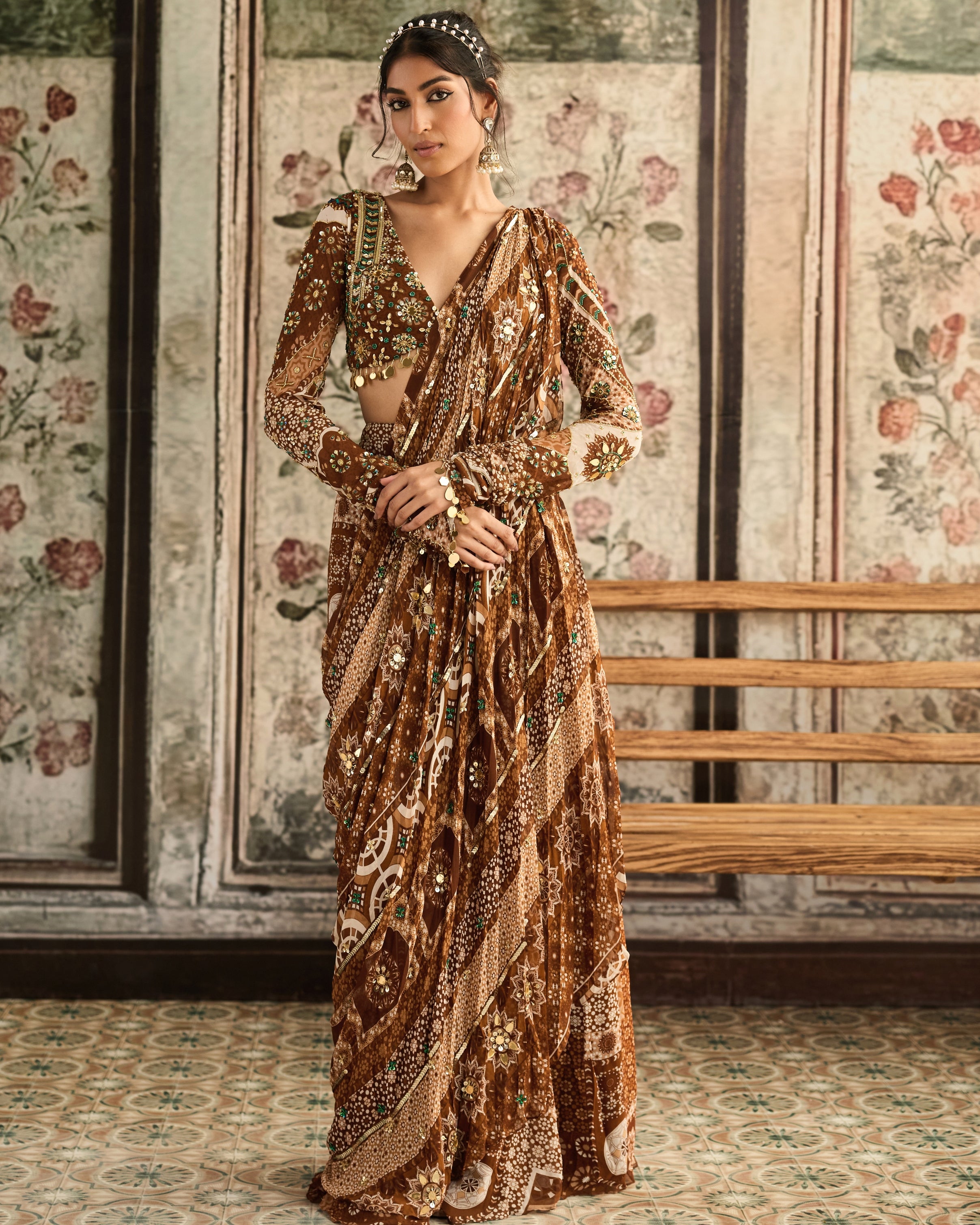 Caramel Print Sharara Sari Set