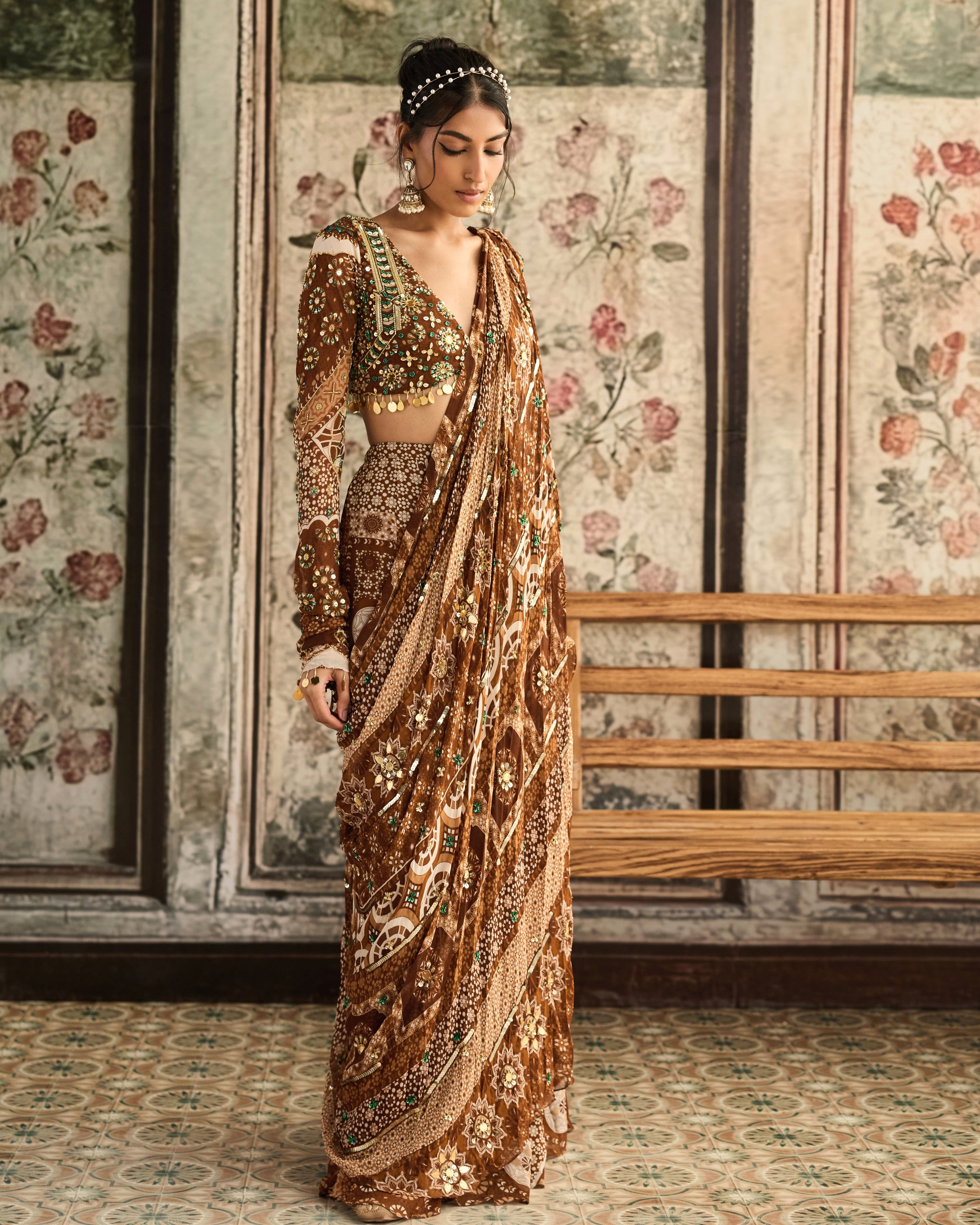 Caramel Print Sharara Sari Set