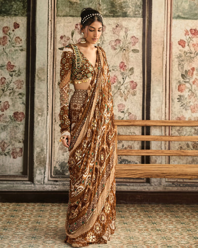 Caramel Print Sharara Sari Set