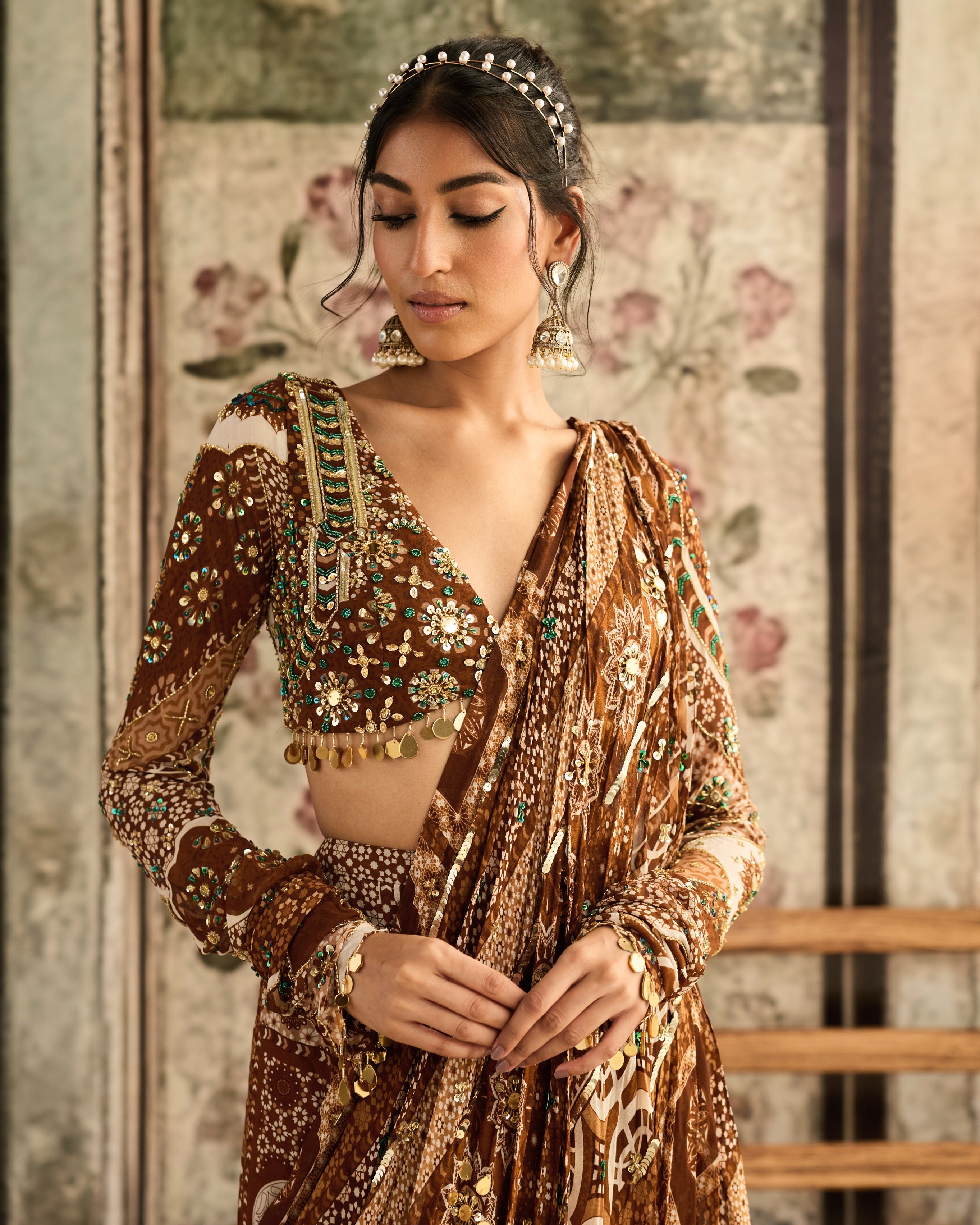 Caramel Print Sharara Sari Set
