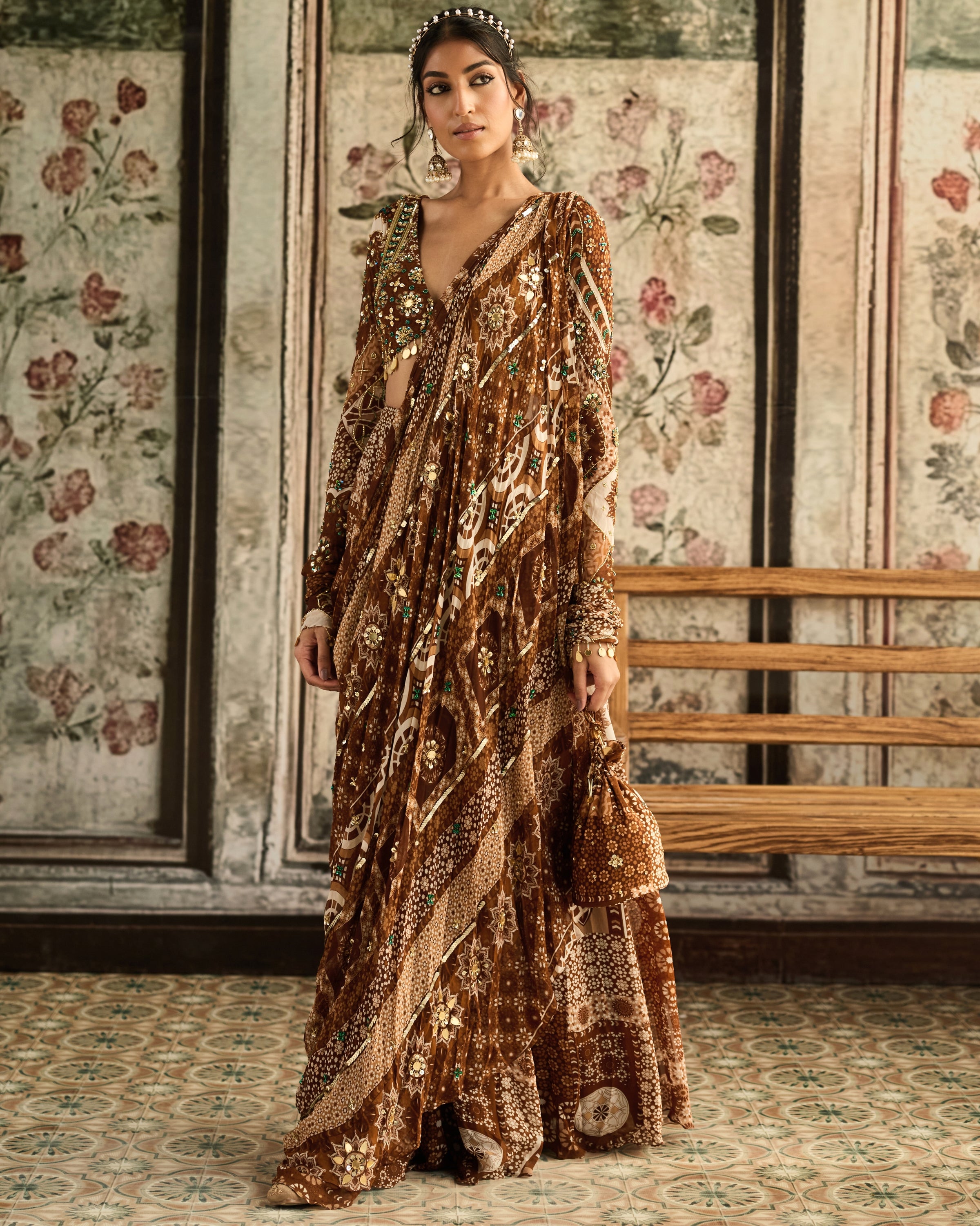 Caramel Print Sharara Sari Set