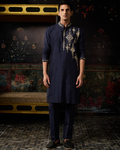 Blue Thread Embroidered Kurta And Pants Set