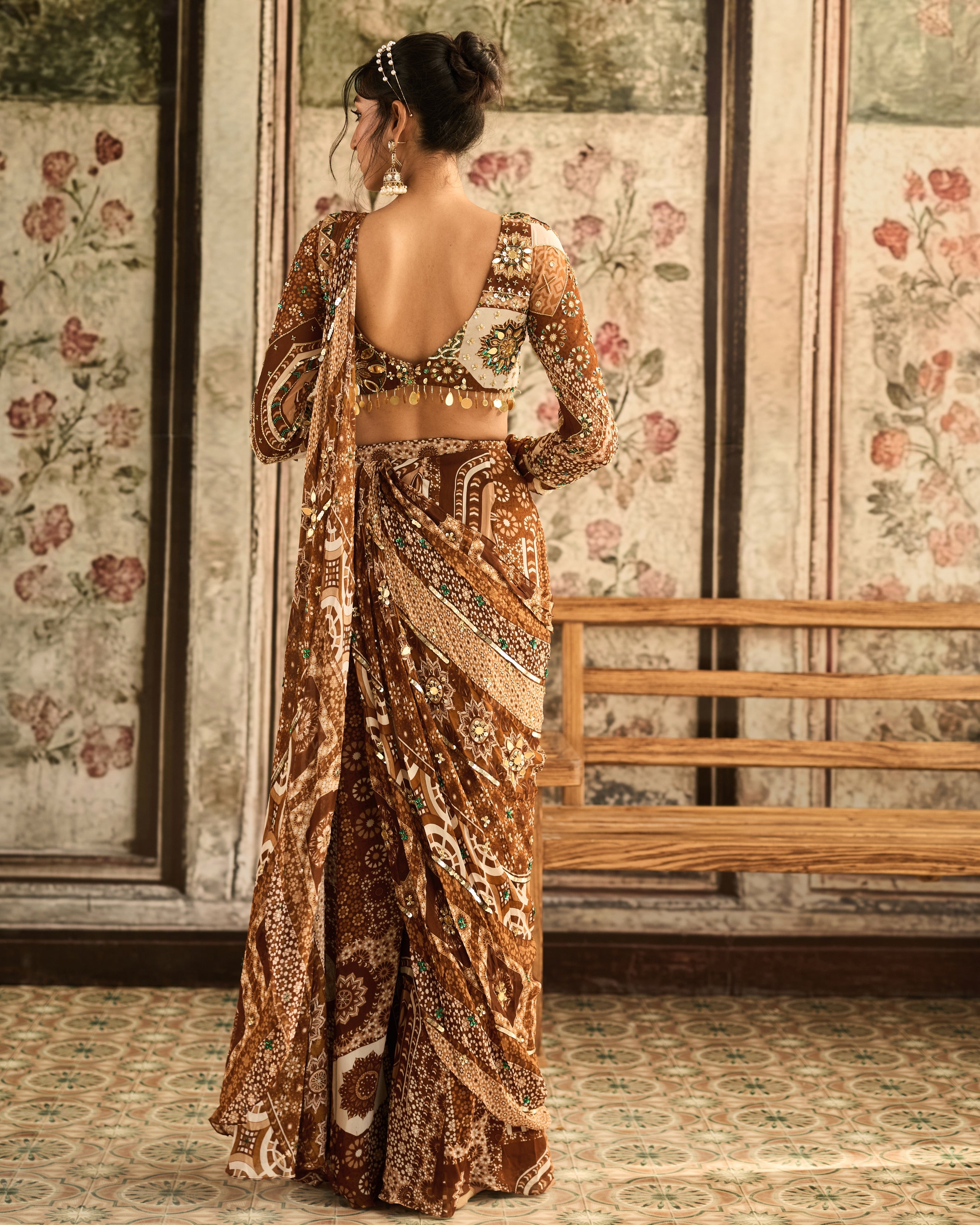 Caramel Print Sharara Sari Set