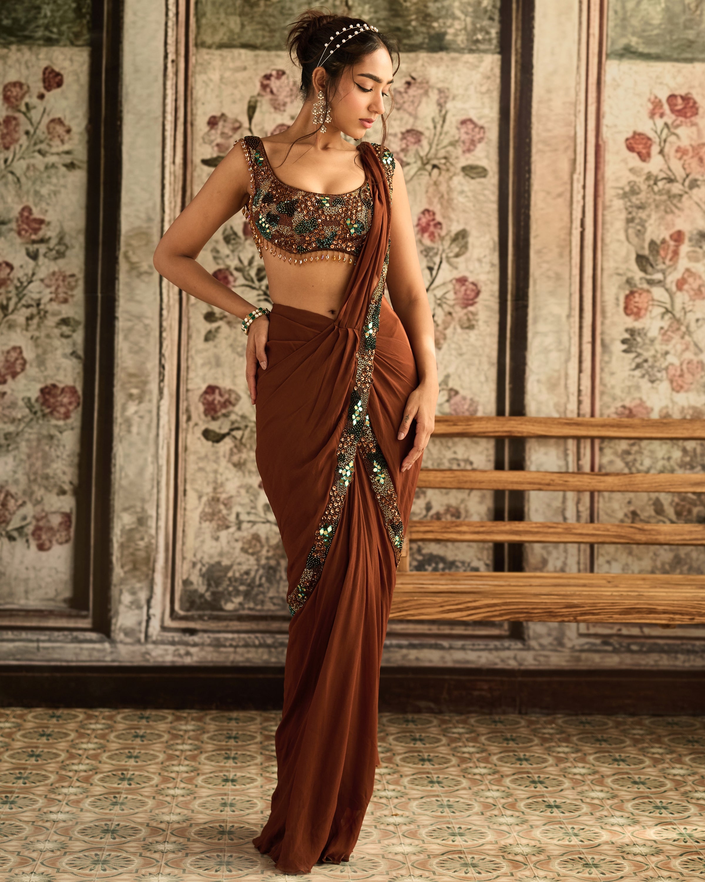 Caramel Embroidered Pre-Draped Sari Set
