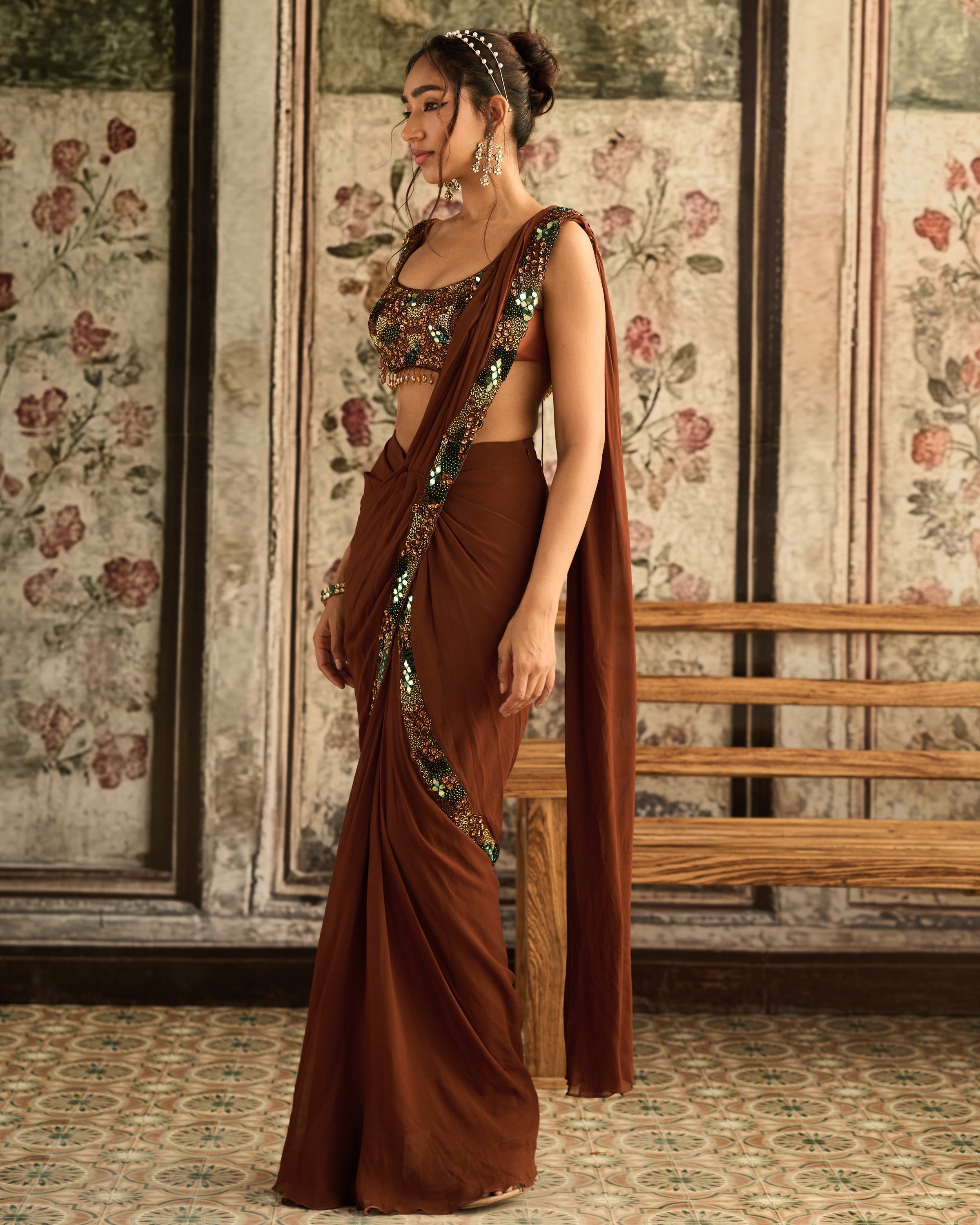 Caramel Embroidered Pre-Draped Sari Set