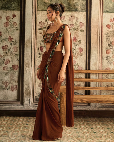 Caramel Embroidered Pre-Draped Sari Set