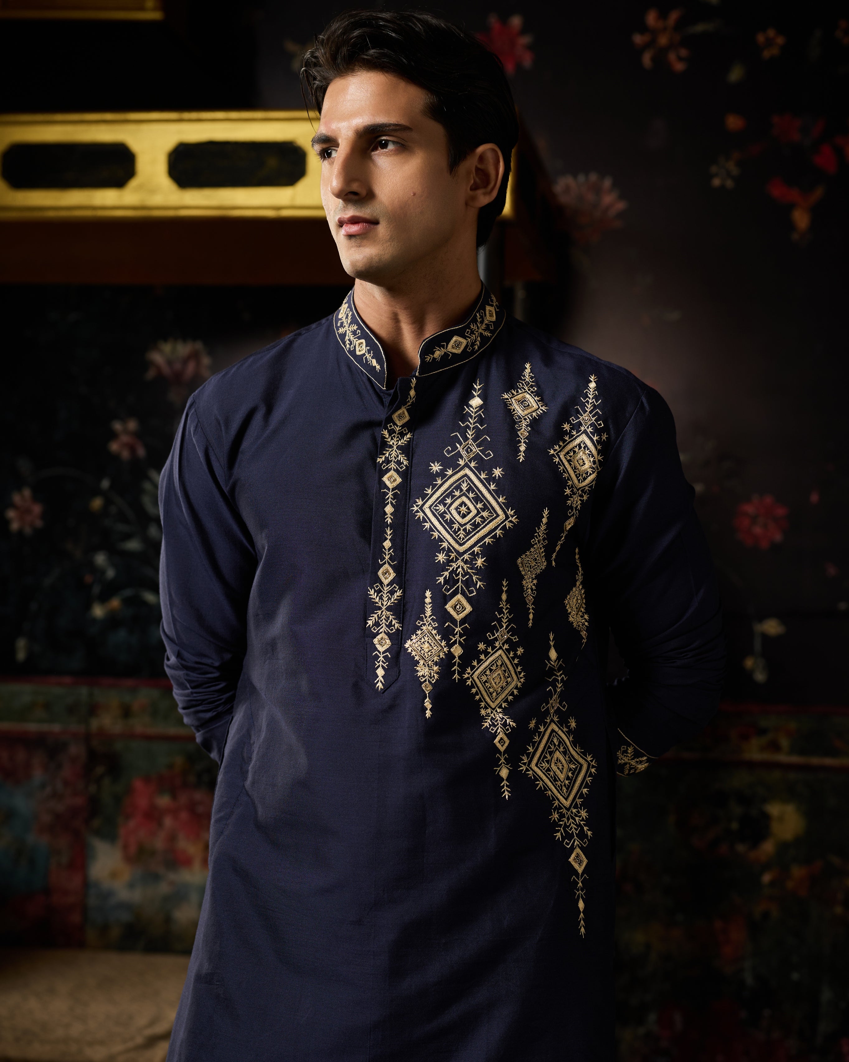 Blue Thread Embroidered Kurta And Pants Set