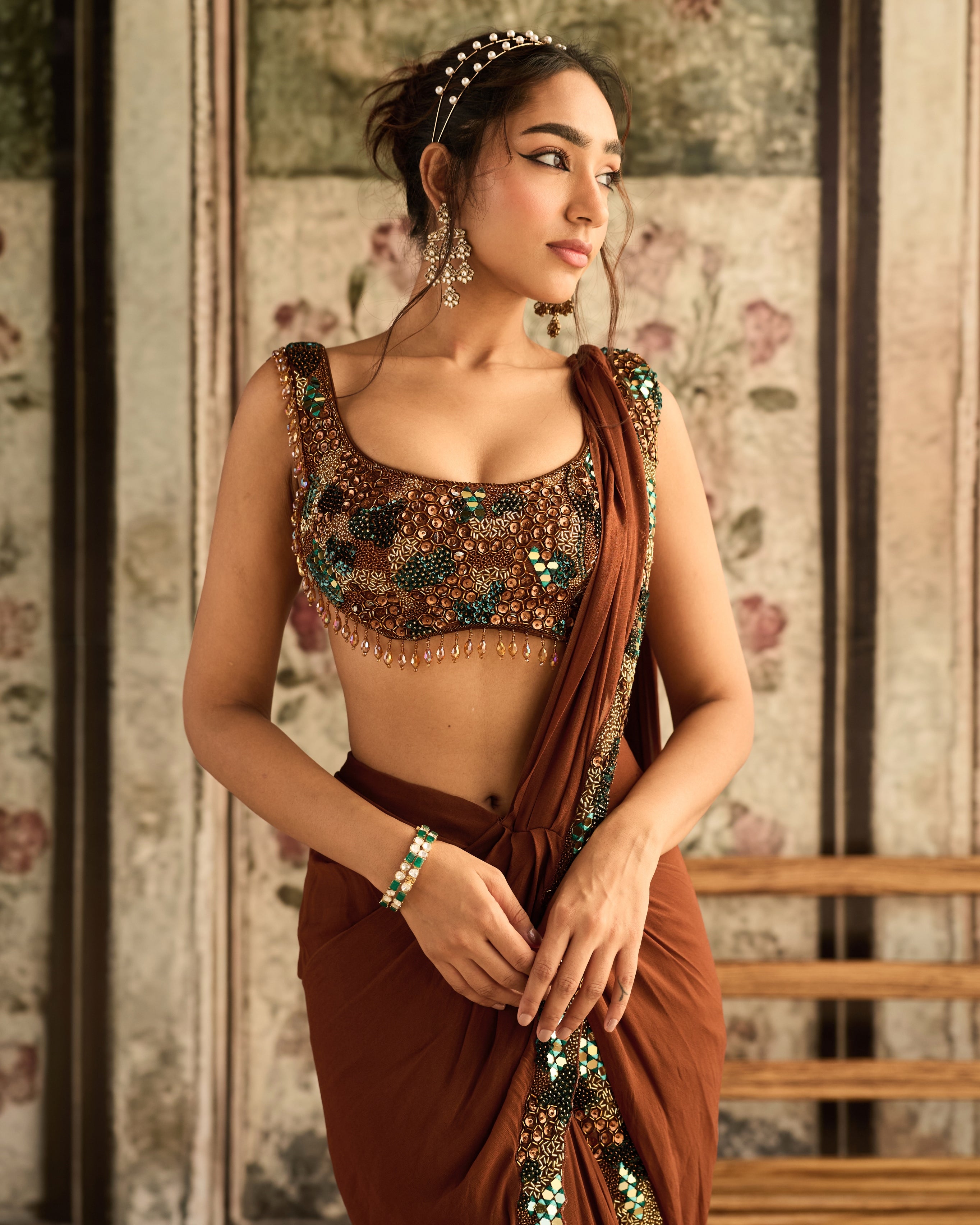 Caramel Embroidered Pre-Draped Sari Set