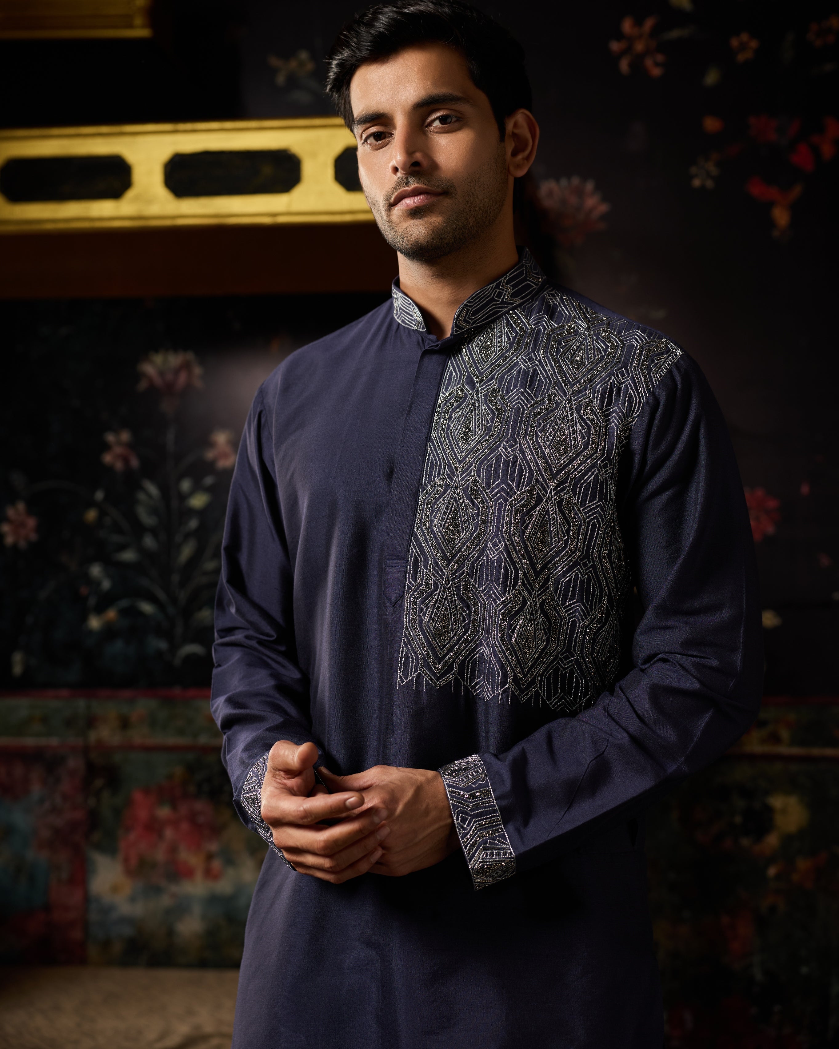 Blue Geometric Embroidery Kurta & Pants Set