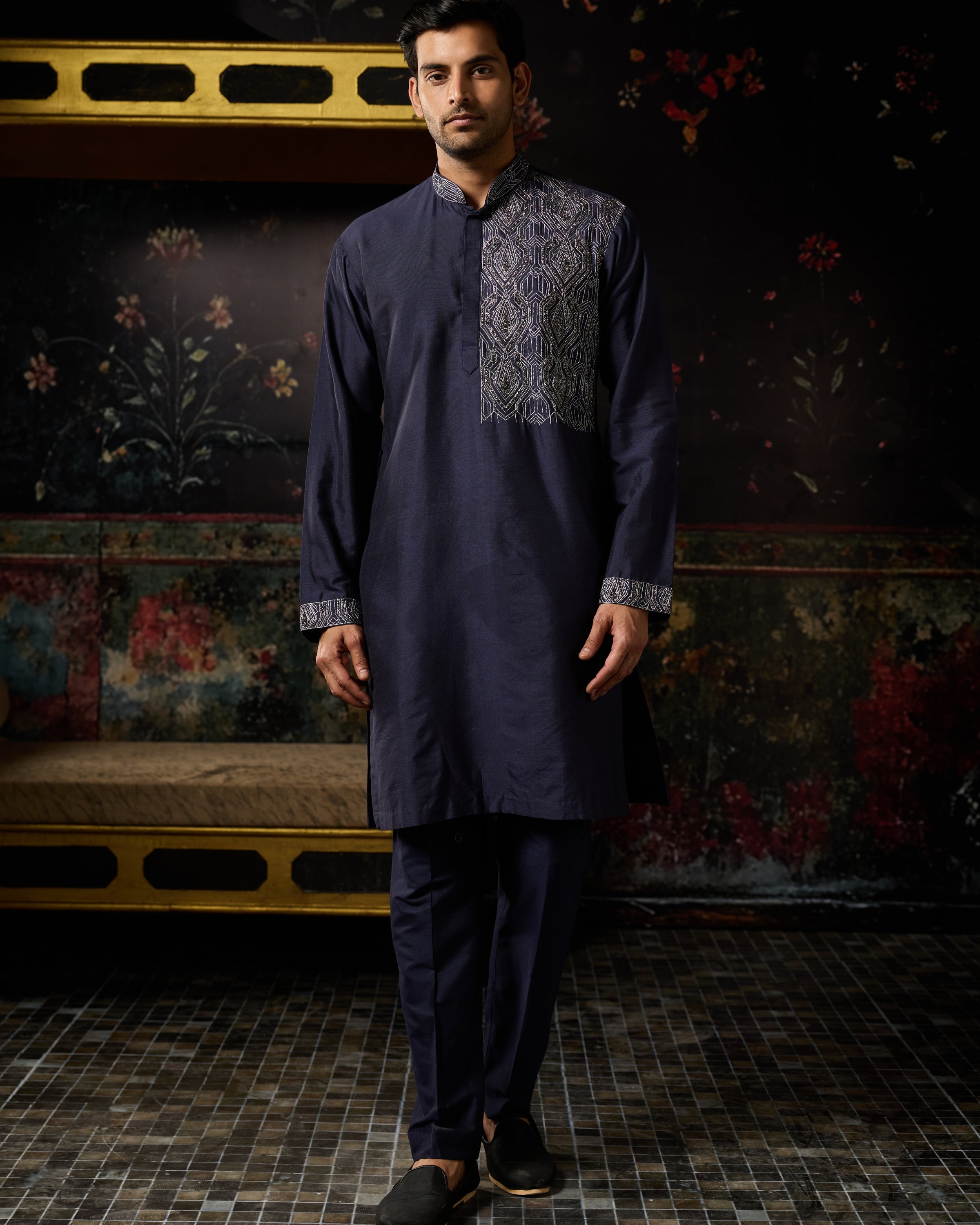 Blue Geometric Embroidery Kurta & Pants Set