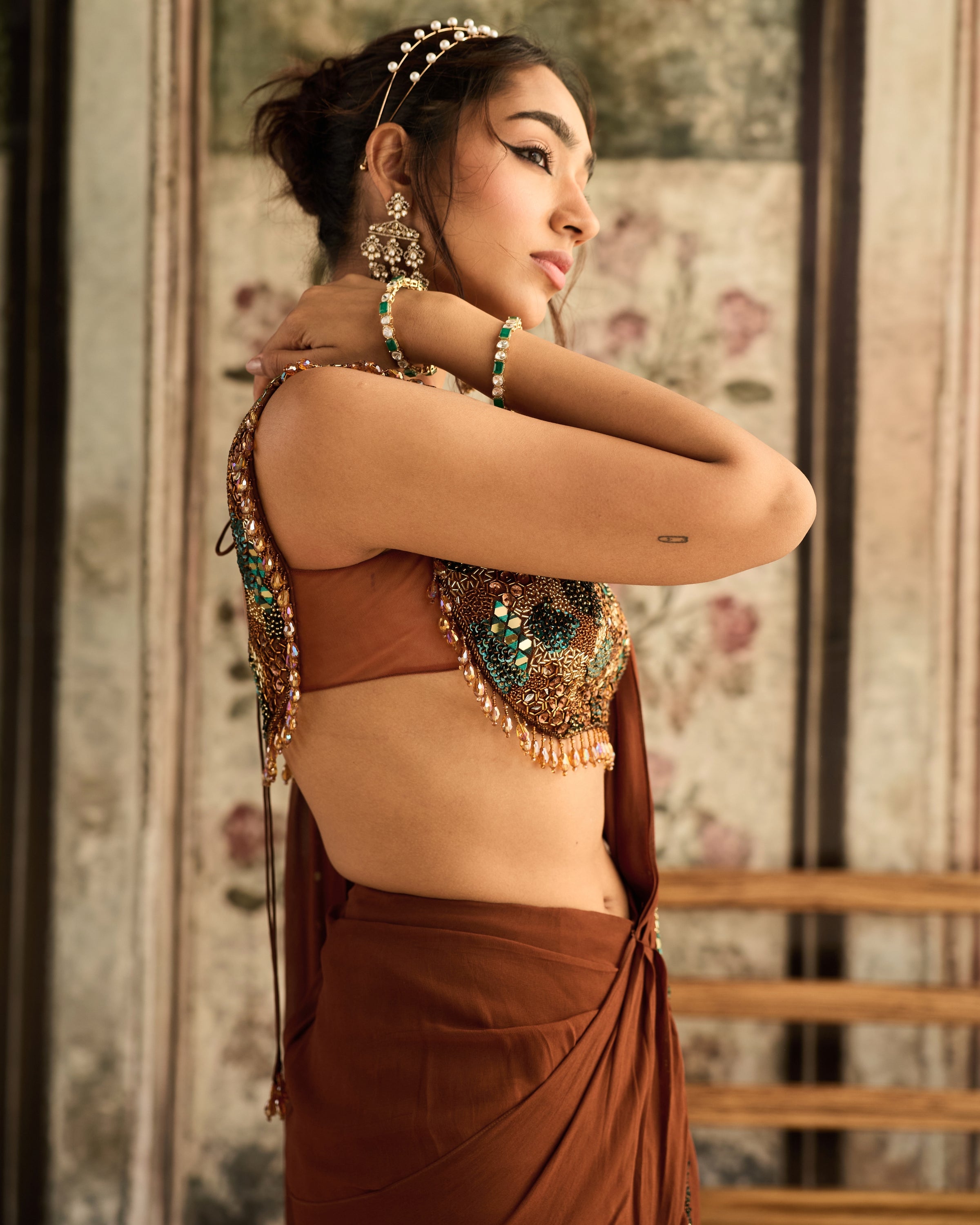Caramel Embroidered Pre-Draped Sari Set