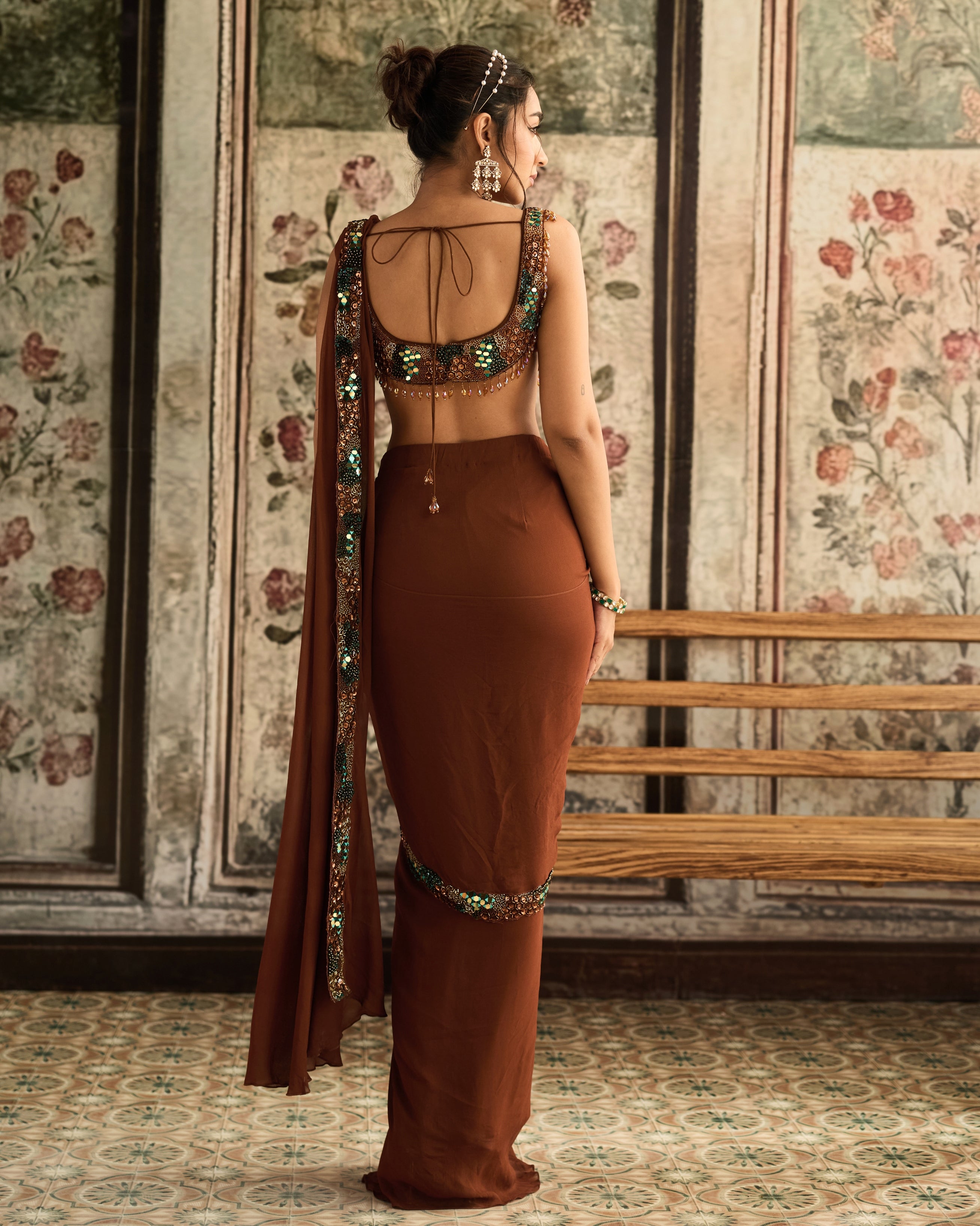 Caramel Embroidered Pre-Draped Sari Set