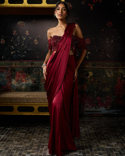 Maroon Embellished Sharara Sari Set