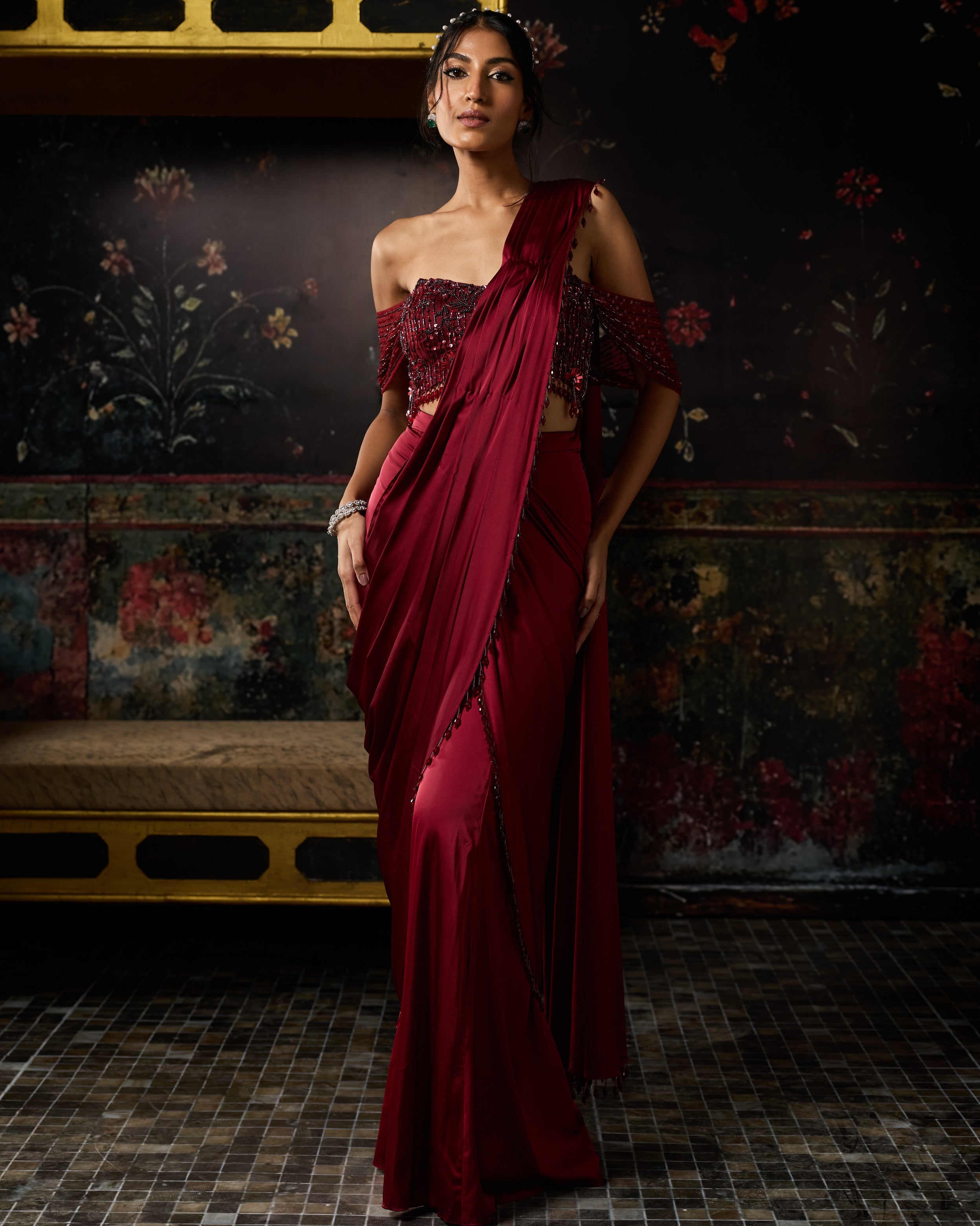 Maroon Embellished Sharara Sari Set