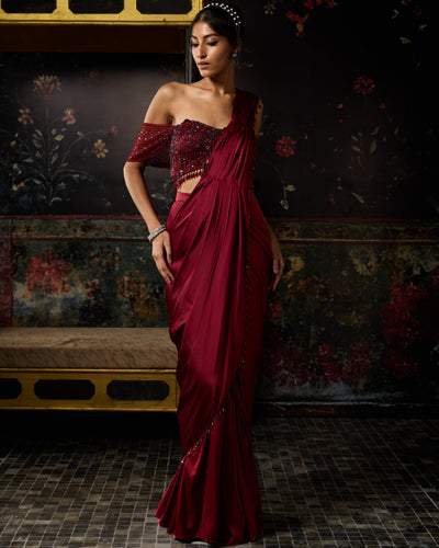 Maroon Embellished Sharara Sari Set