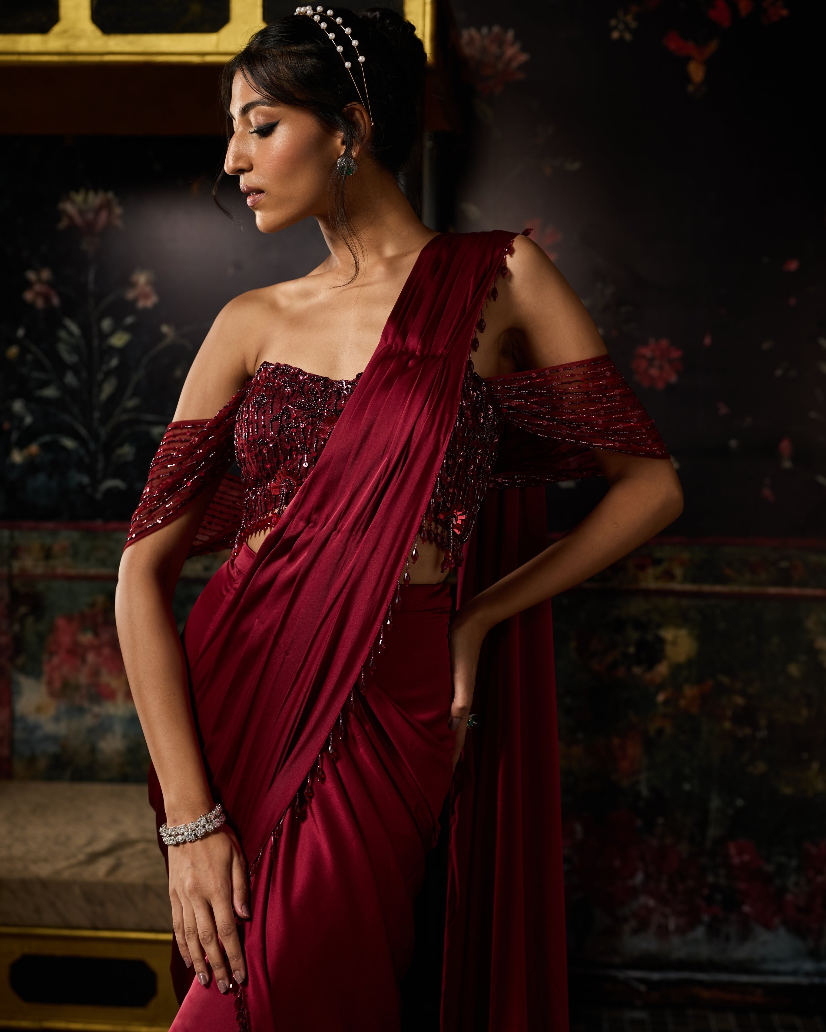 Maroon Embellished Sharara Sari Set