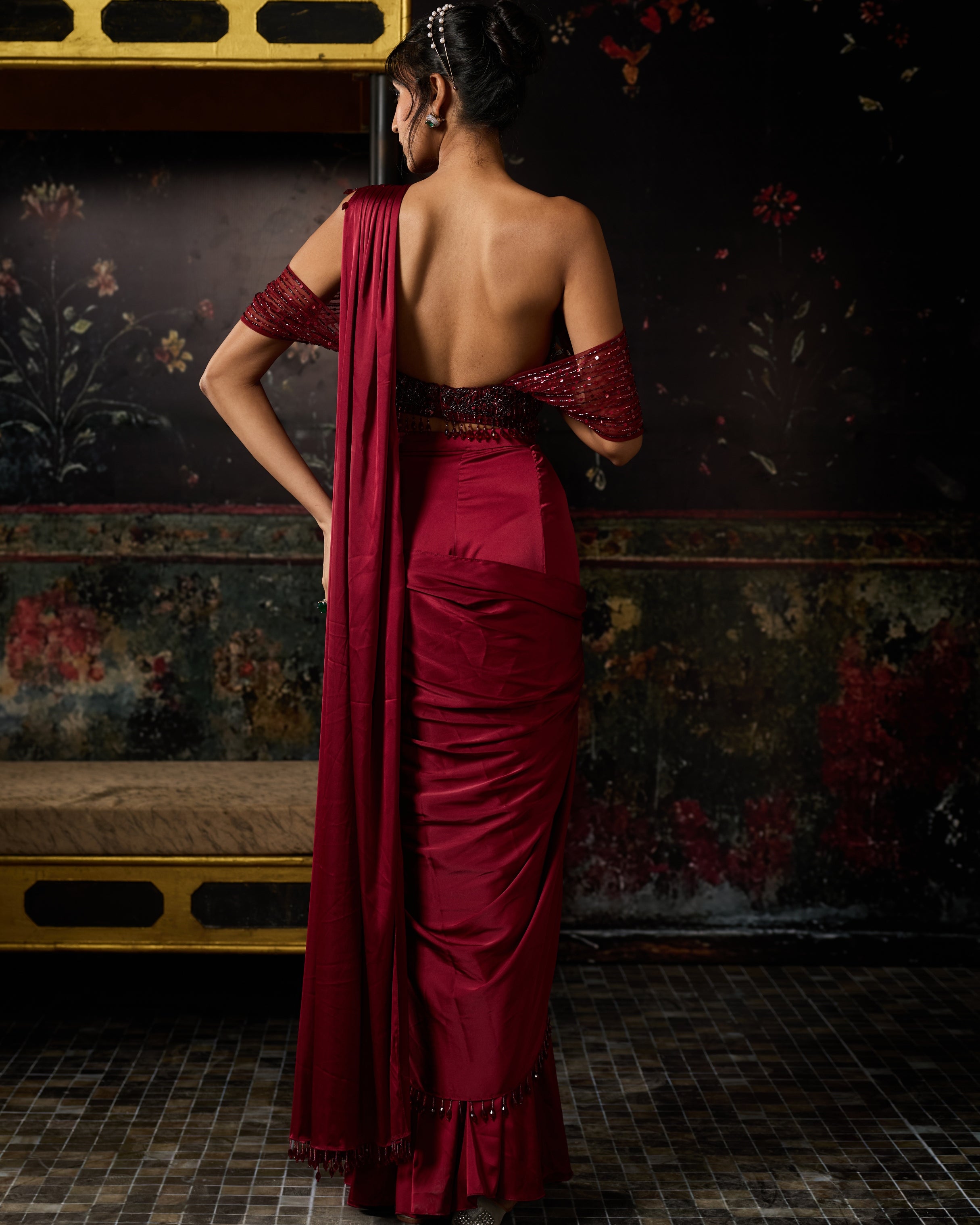 Maroon Embellished Sharara Sari Set