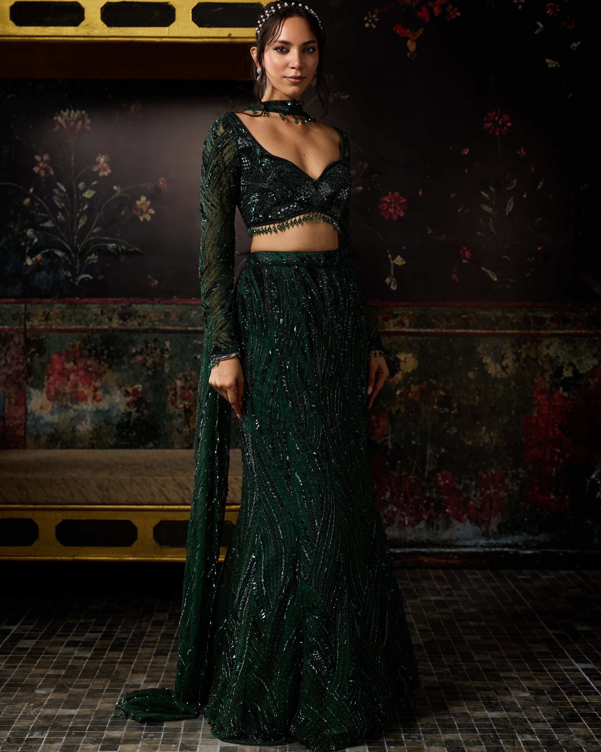 Emerald Green Embellished Mermaid Skirt Set