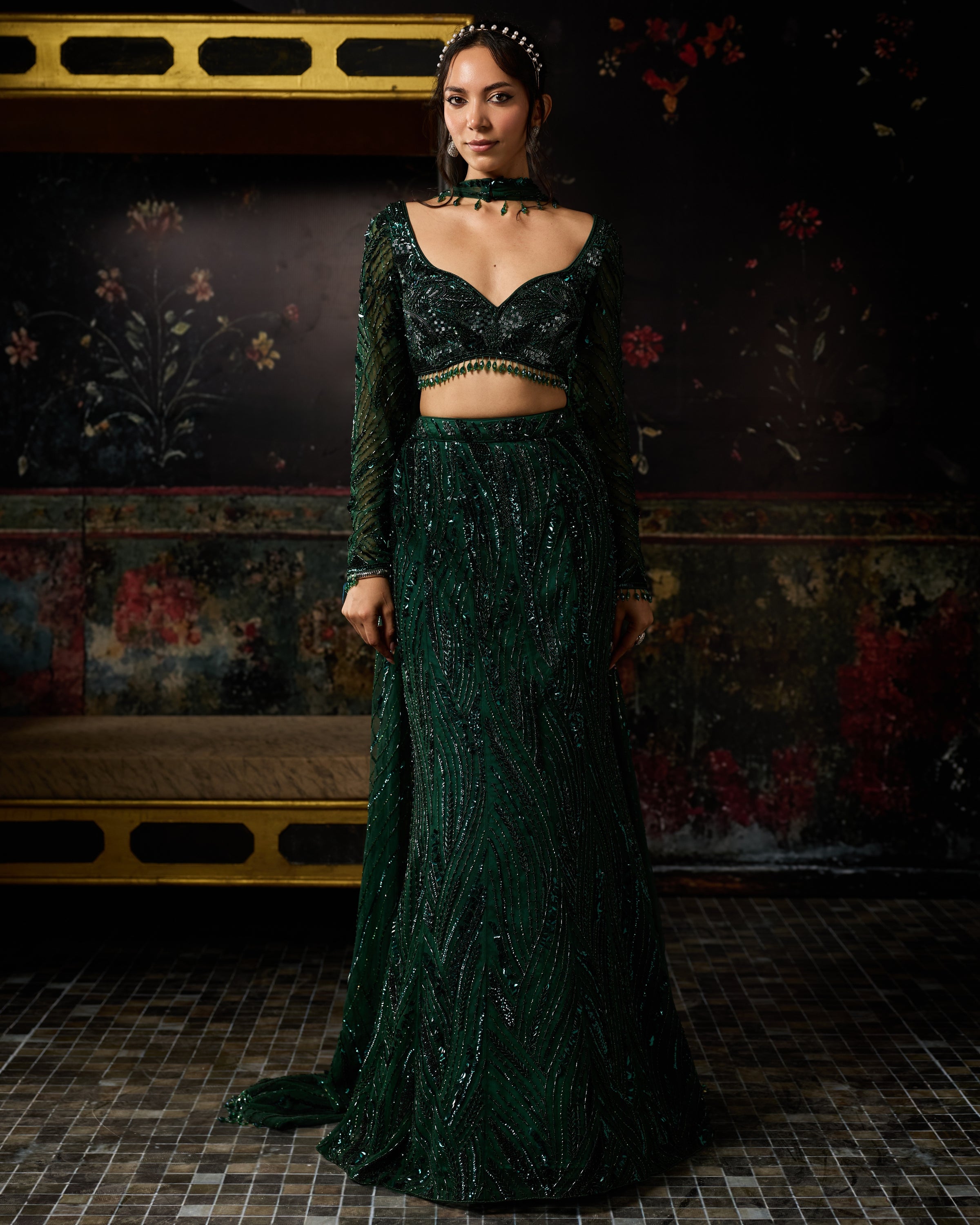Emerald Green Embellished Mermaid Skirt Set