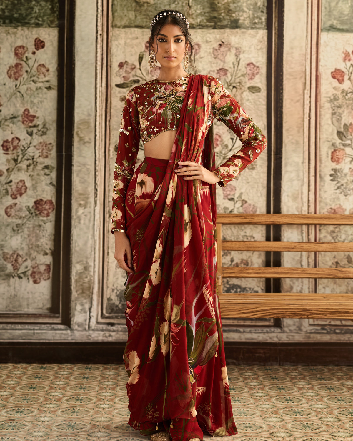 Red Floral Printed Skirt Sari Set
