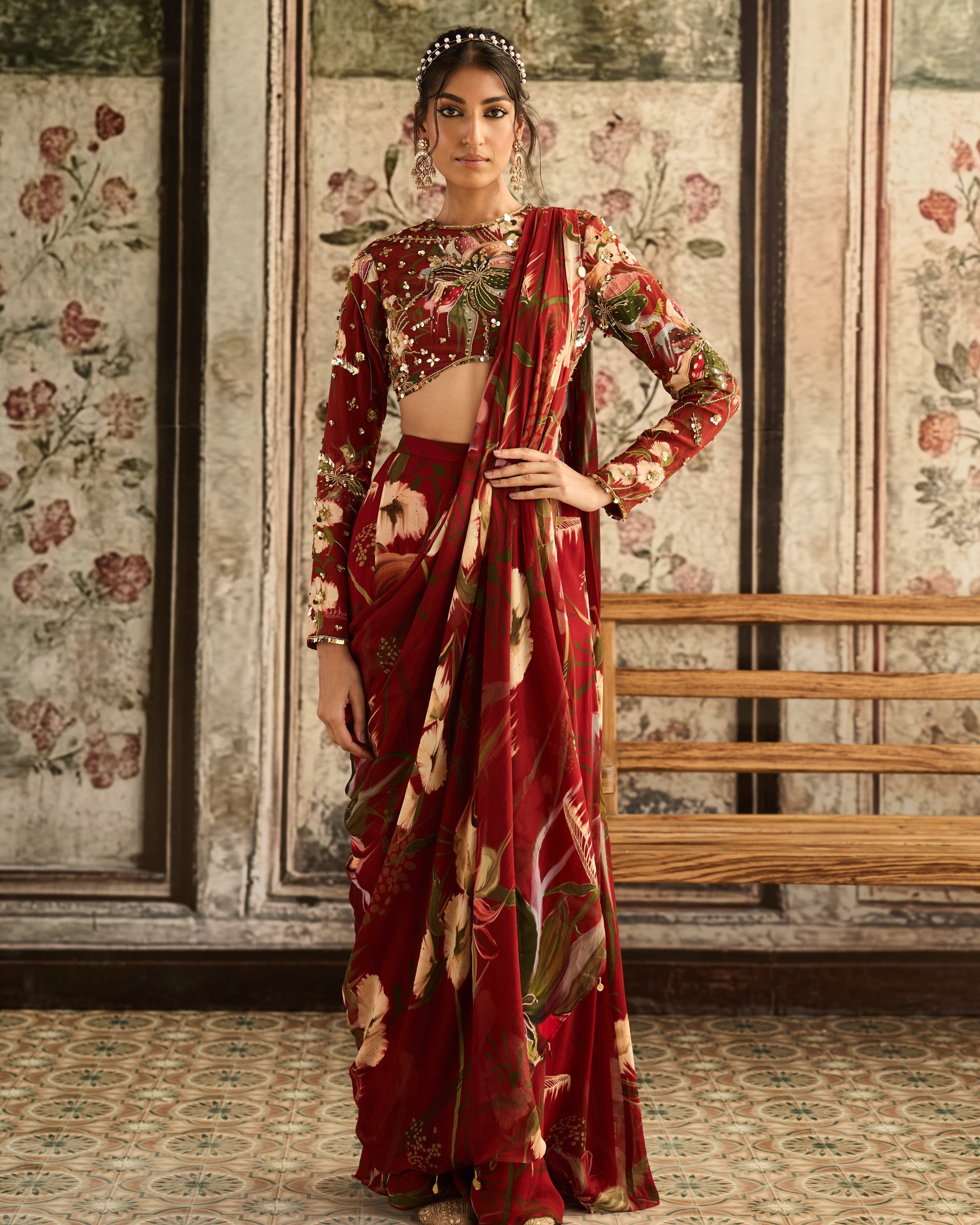 Red Floral Printed Skirt Sari Set