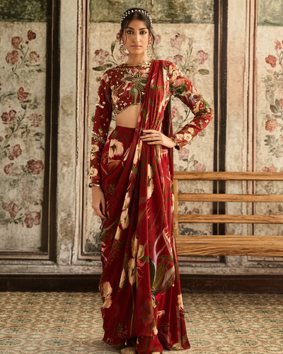 Red Floral Printed Skirt Sari Set